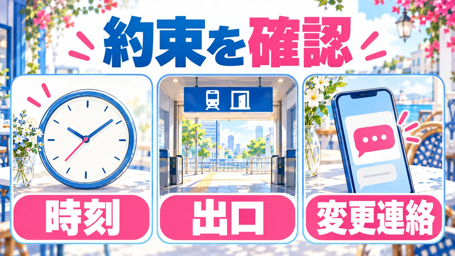 約束の時刻、待ち合わせ場所の出口、変更連絡の3点を確認する図