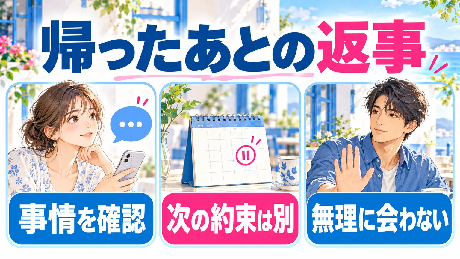 帰った後は事情を確認し、次の約束を別に考え、無理に会わないことを示す図