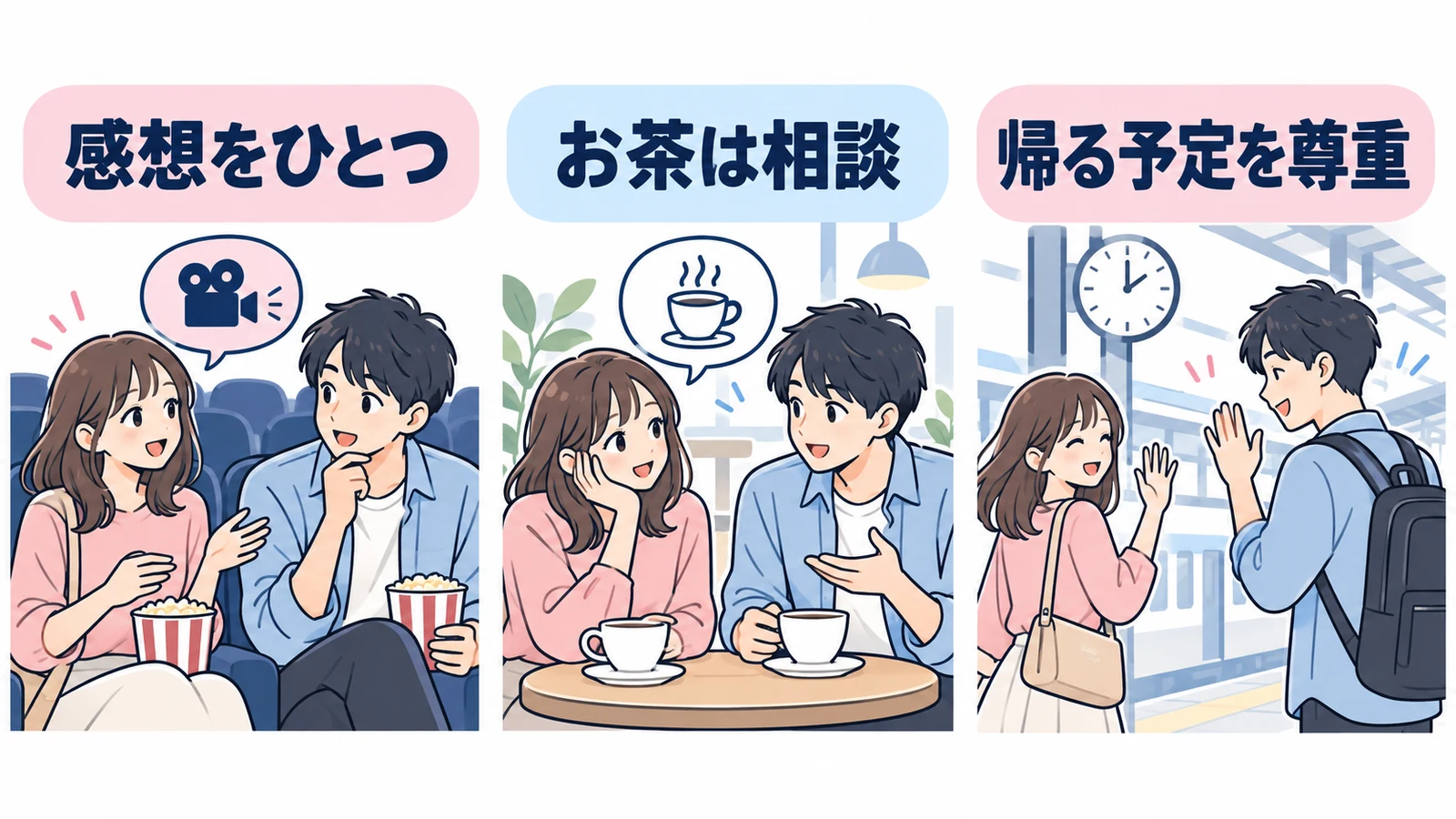 上映後は感想をひとつ話し、お茶に誘うなら相談し、帰る予定を尊重する。