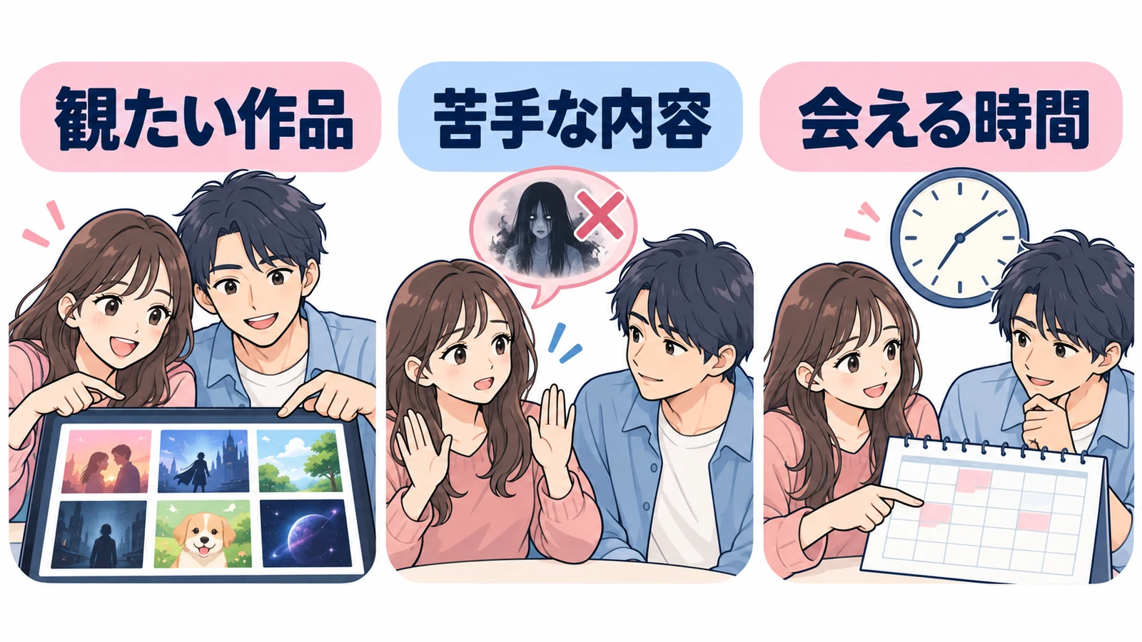 映画選びは、二人の観たい作品、苦手な内容、会える時間を確かめる。