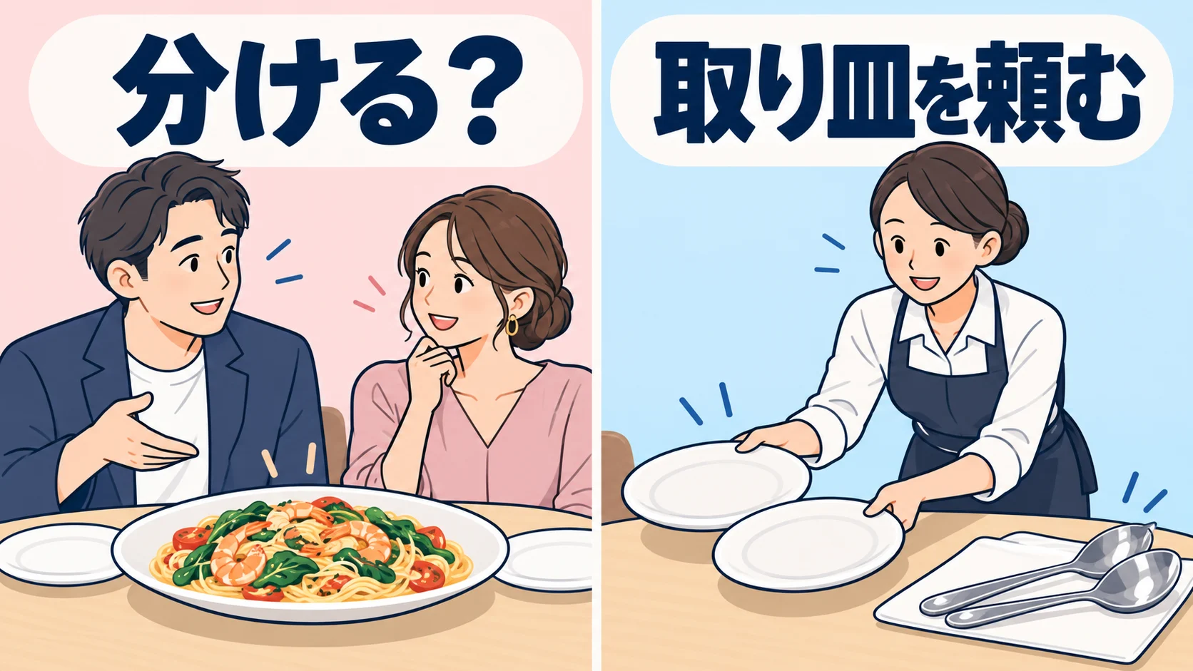 料理を分けるか相手に確認し、店員に取り皿と取り分け用の器具を頼む場面。