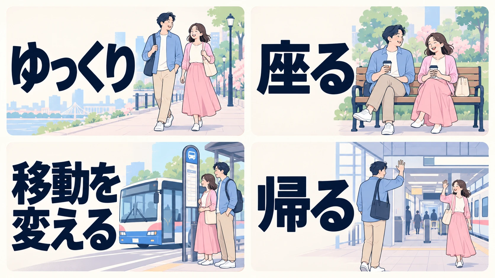 疲れたときの四つの選択肢。ゆっくり歩く、座る、移動手段を変える、帰る。