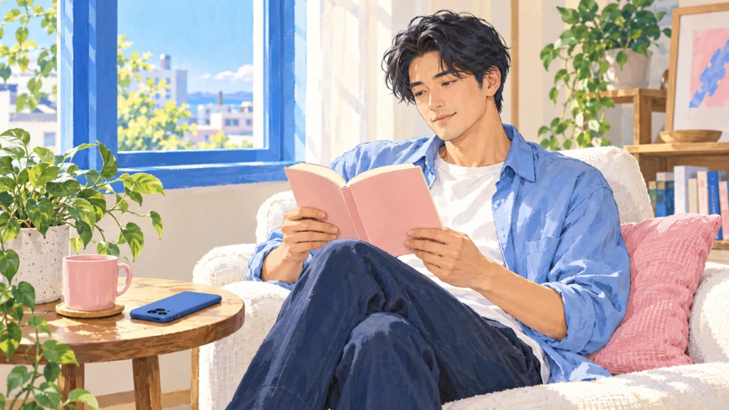 スマートフォンを伏せてテーブルに置き、窓辺の椅子で読書をする成人男性のイラスト