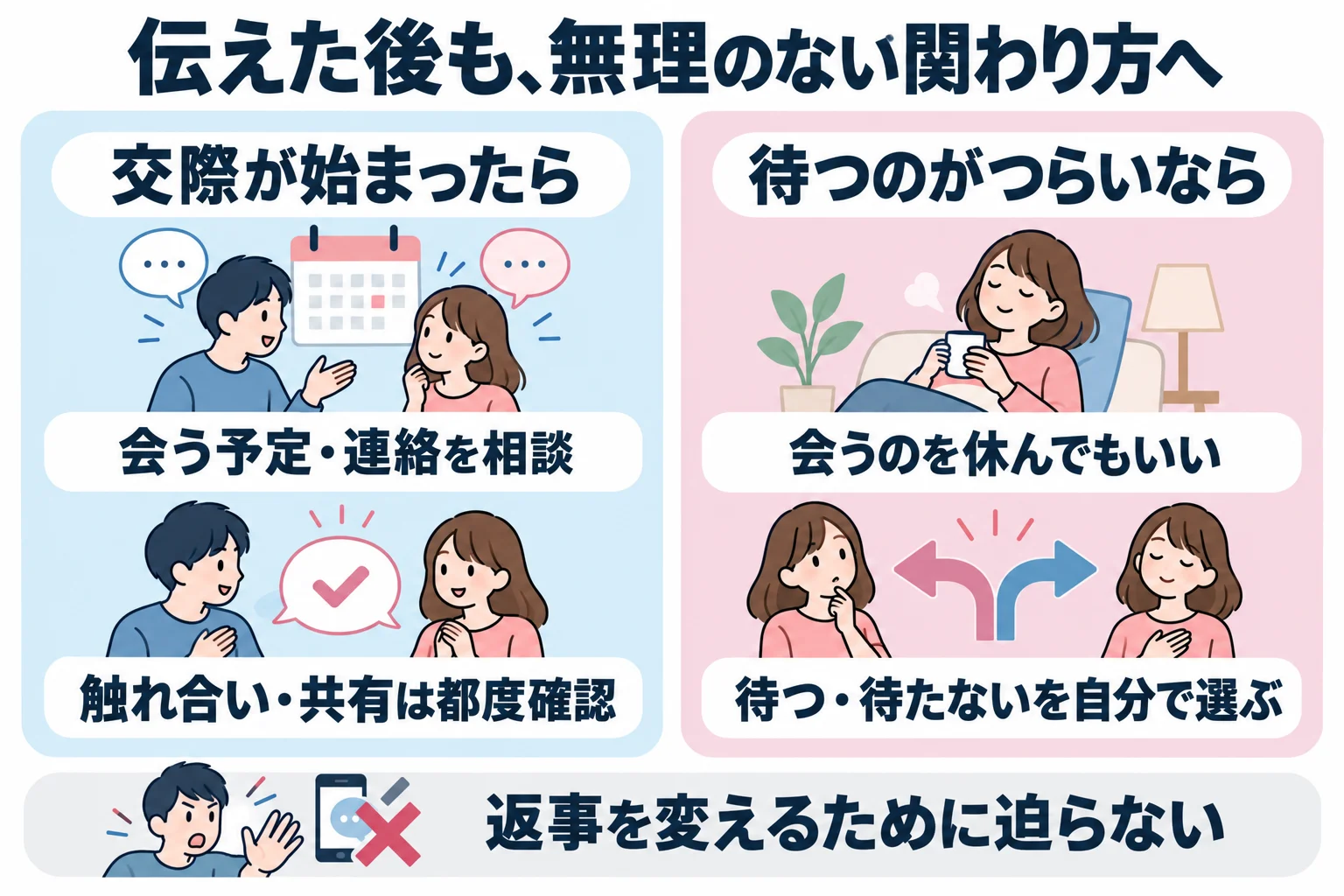 交際が始まったら会う予定や連絡を相談し、触れ合いや情報共有は一つずつ確認する。待つのがつらければ会うのを休むなど、自分の関わり方を選べるが、返事を変えるよう迫らない。