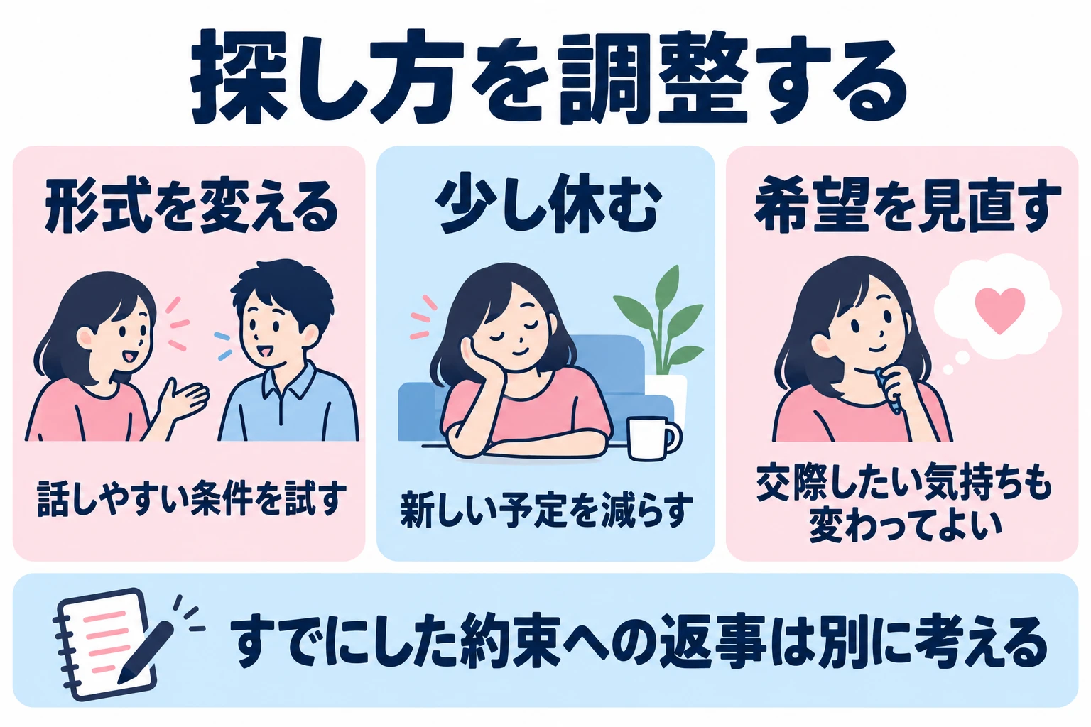 話しやすい形式への変更、休息、希望の見直しを選べる。好きな人を作る期限は設けない。