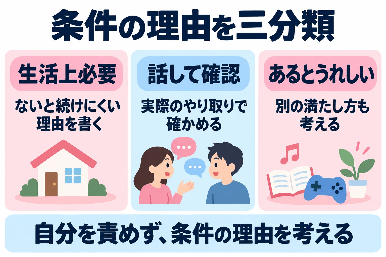 条件の数を減らす前に理由を書き、生活に必要なこと、交流で確かめること、希望の三つに分ける。