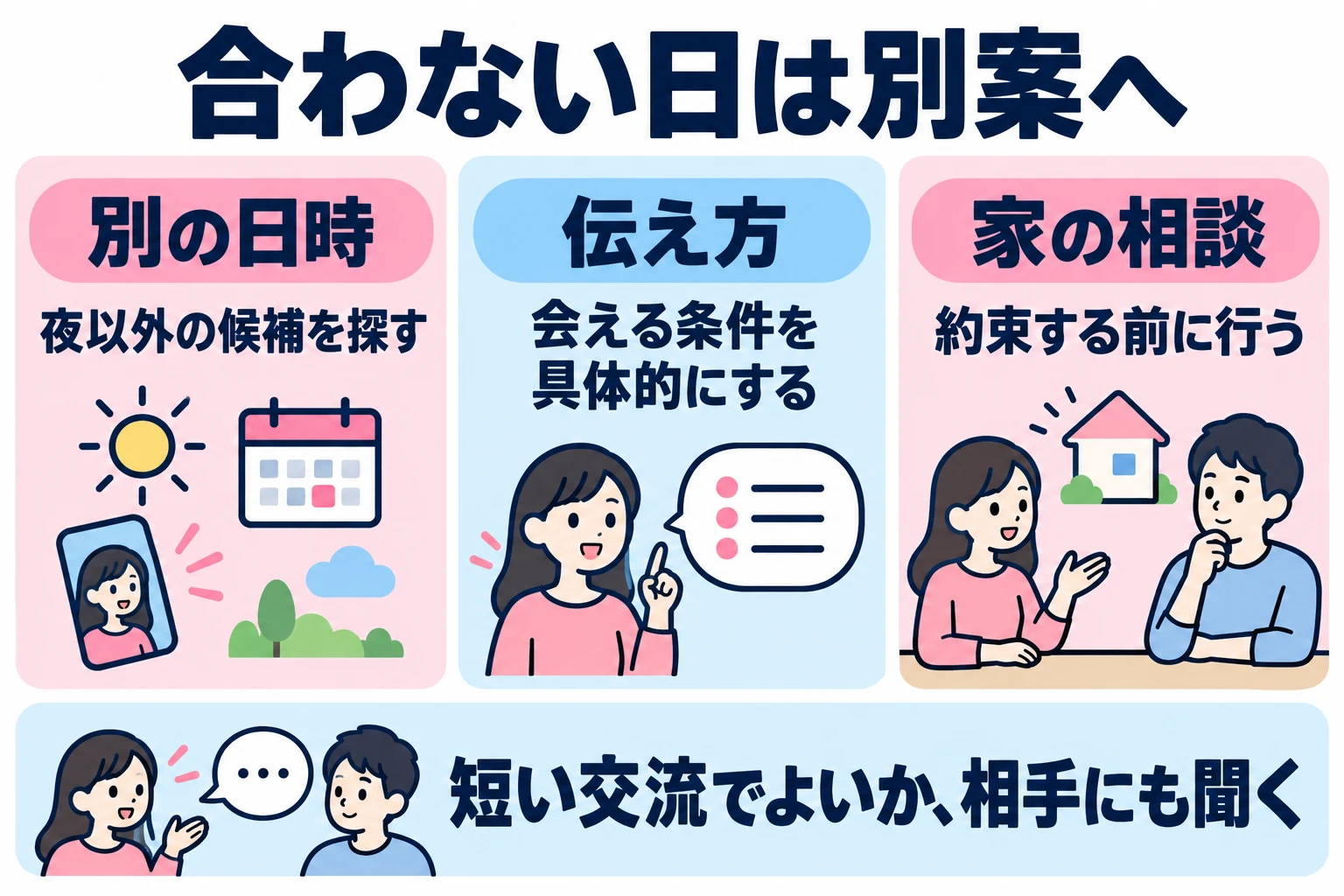 帰宅と相手の予定が合わない日は別の日時や短い交流を検討し、実現できない約束を先にしない。