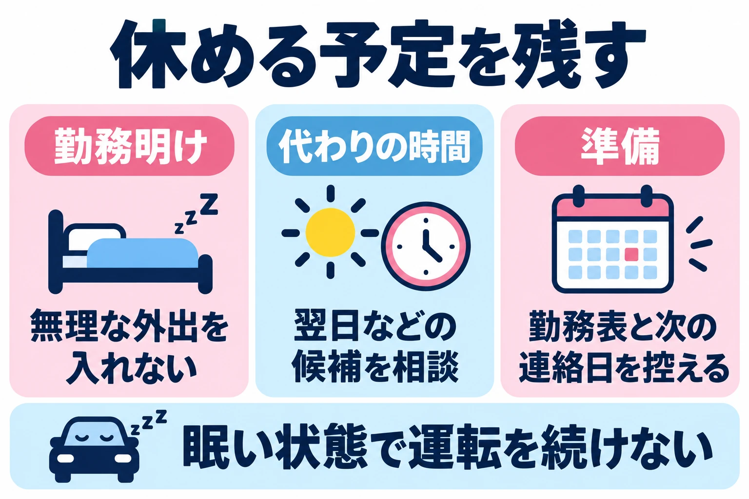勤務明けの休息と安全な移動を優先し、会う回数で気持ちを証明しない。