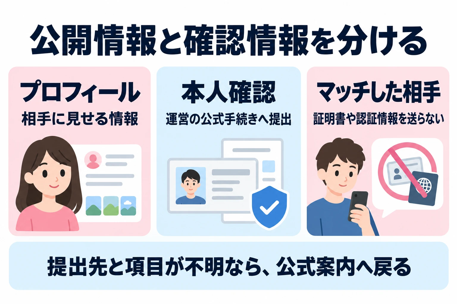 相手に公開するプロフィールと運営へ提出する本人確認情報を区別し、第三者へ書類や認証情報を渡さない。