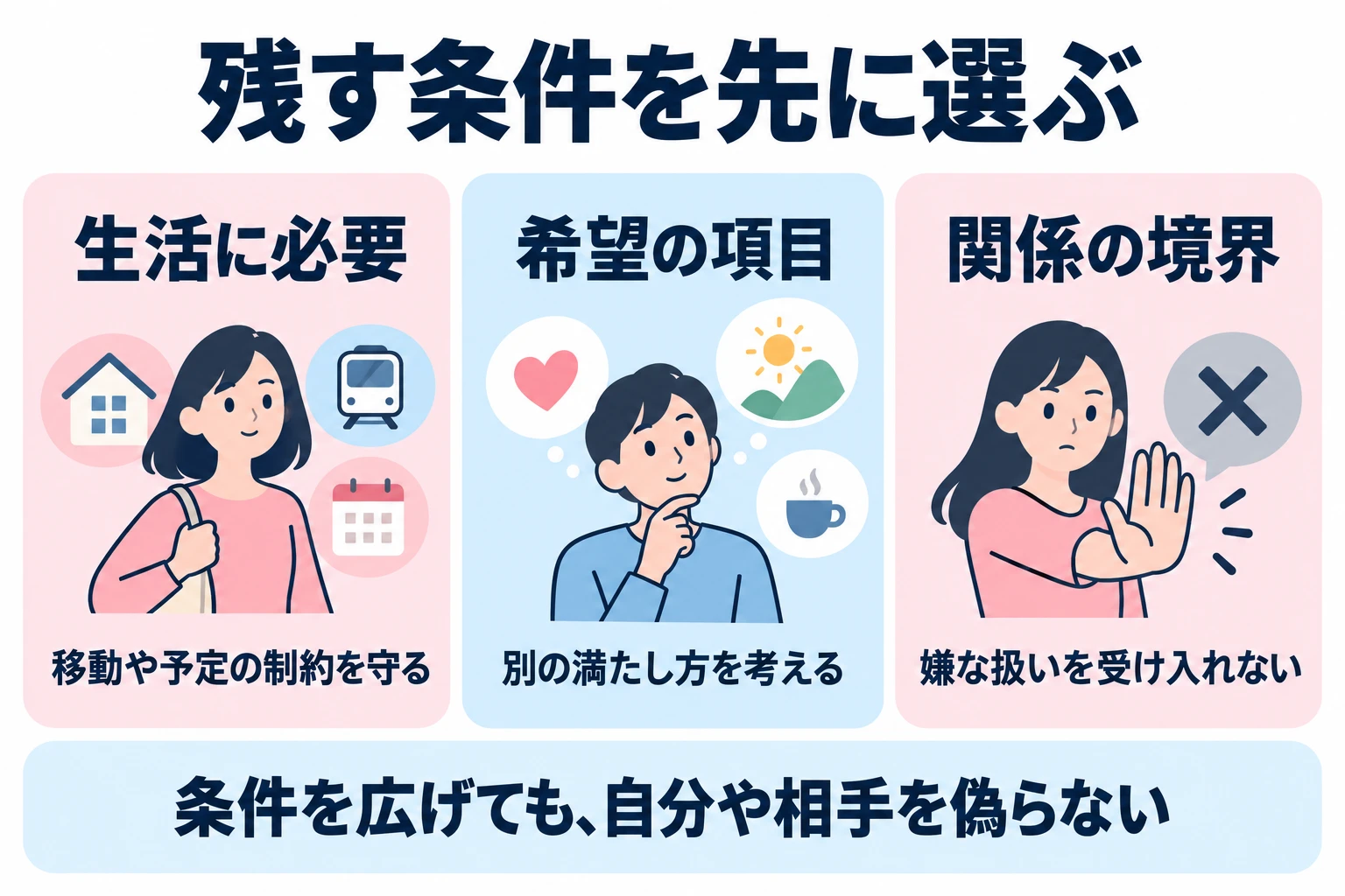 生活に必要な条件を残し、好みの満たし方を見直す。検索範囲を広げても関係の境界を下げない。