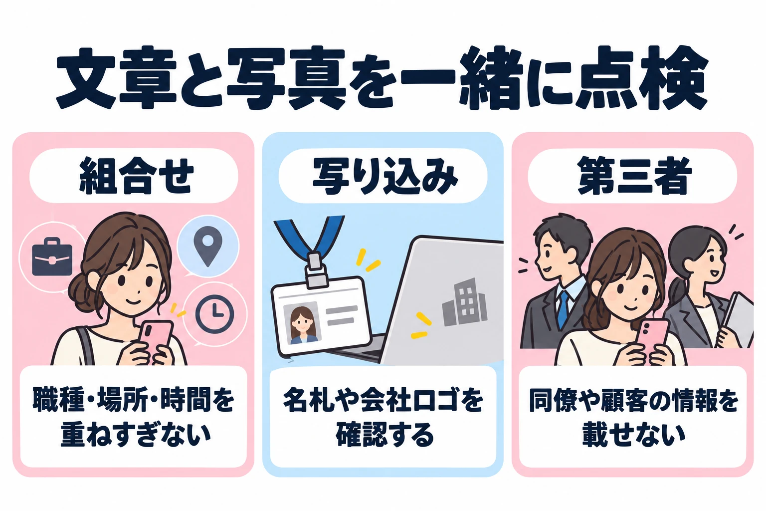 組合せ：職種・場所・時間を重ねすぎない。 写り込み：名札や会社ロゴを確認する。 第三者：同僚や顧客の情報を載せない。
