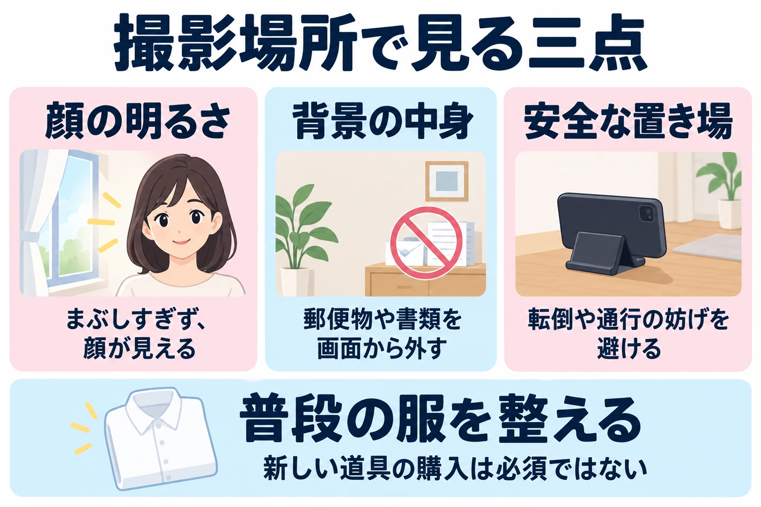 顔が見える明るさ、公開してよい背景、安全な置き場所の三点で撮影場所を選ぶ。普段の服を整え、新しい道具の購入は必須にしない。