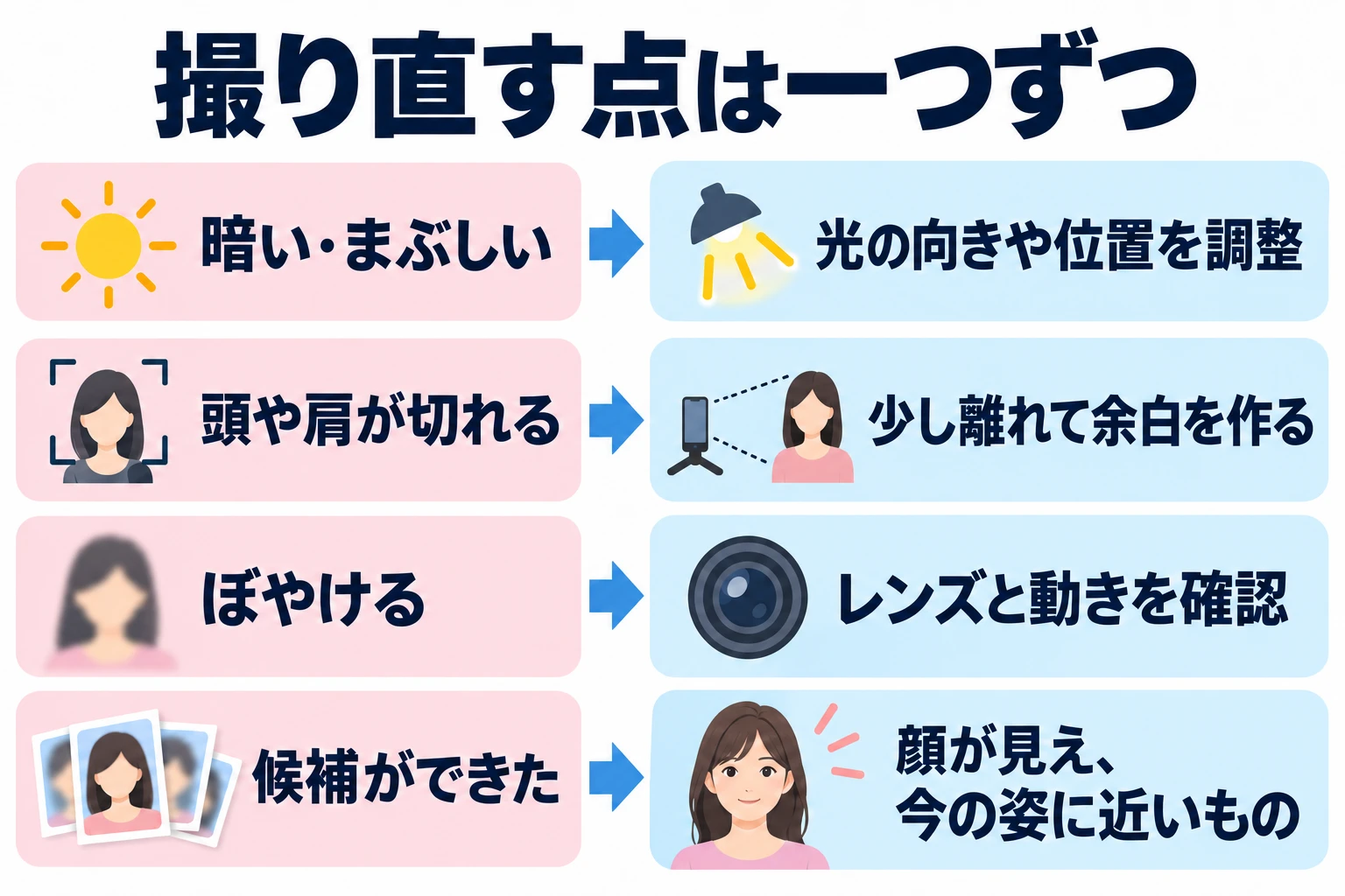 数枚を撮り、暗さや切れ方など気になる点を一つだけ直して撮り直す。目や口が分かり、今の髪形や眼鏡などに近い写真を候補にする。