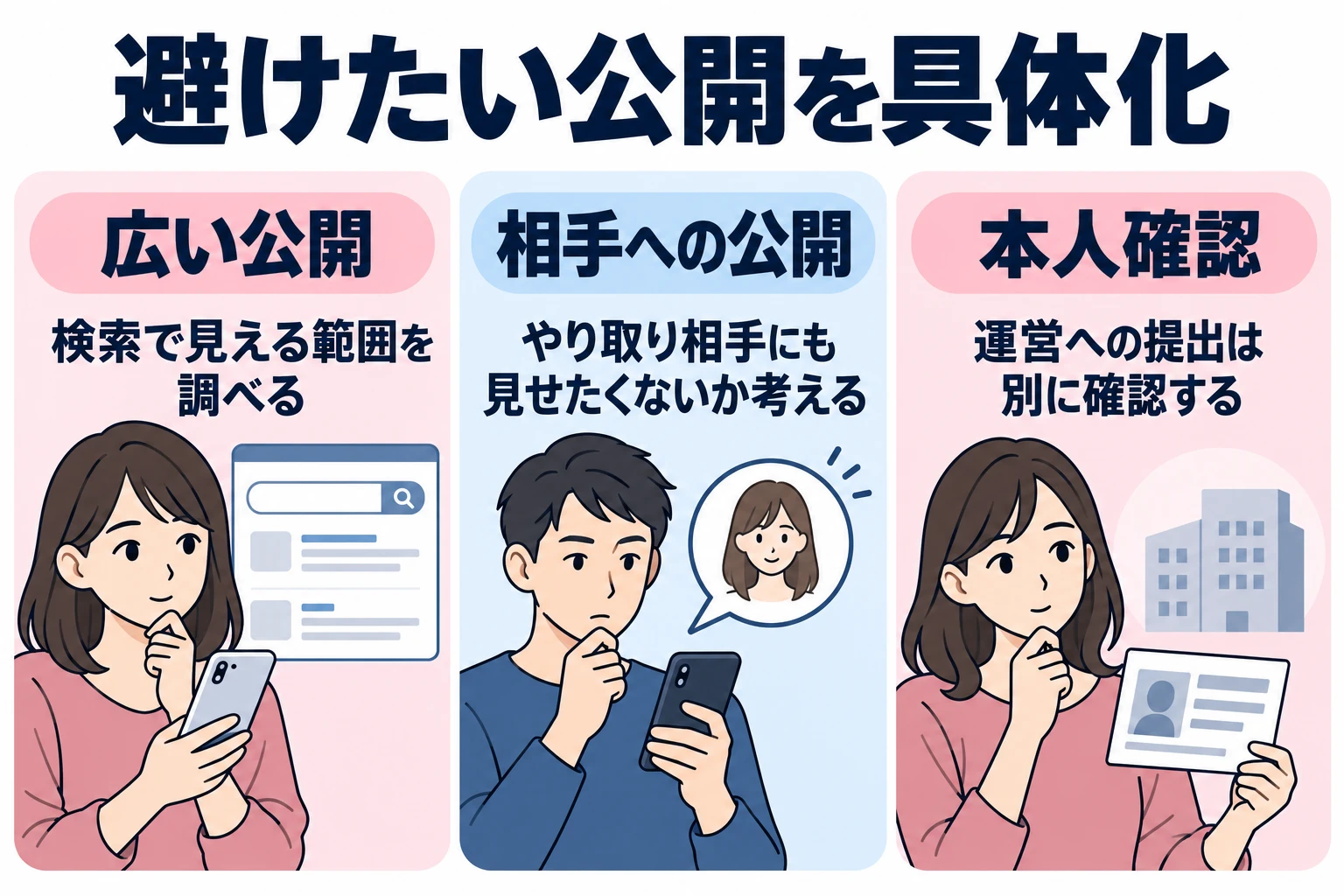 広い公開：検索で見える範囲を調べる。 相手への公開：やり取り相手にも見せたくないか考える。 本人確認：運営への提出は別に確認する。