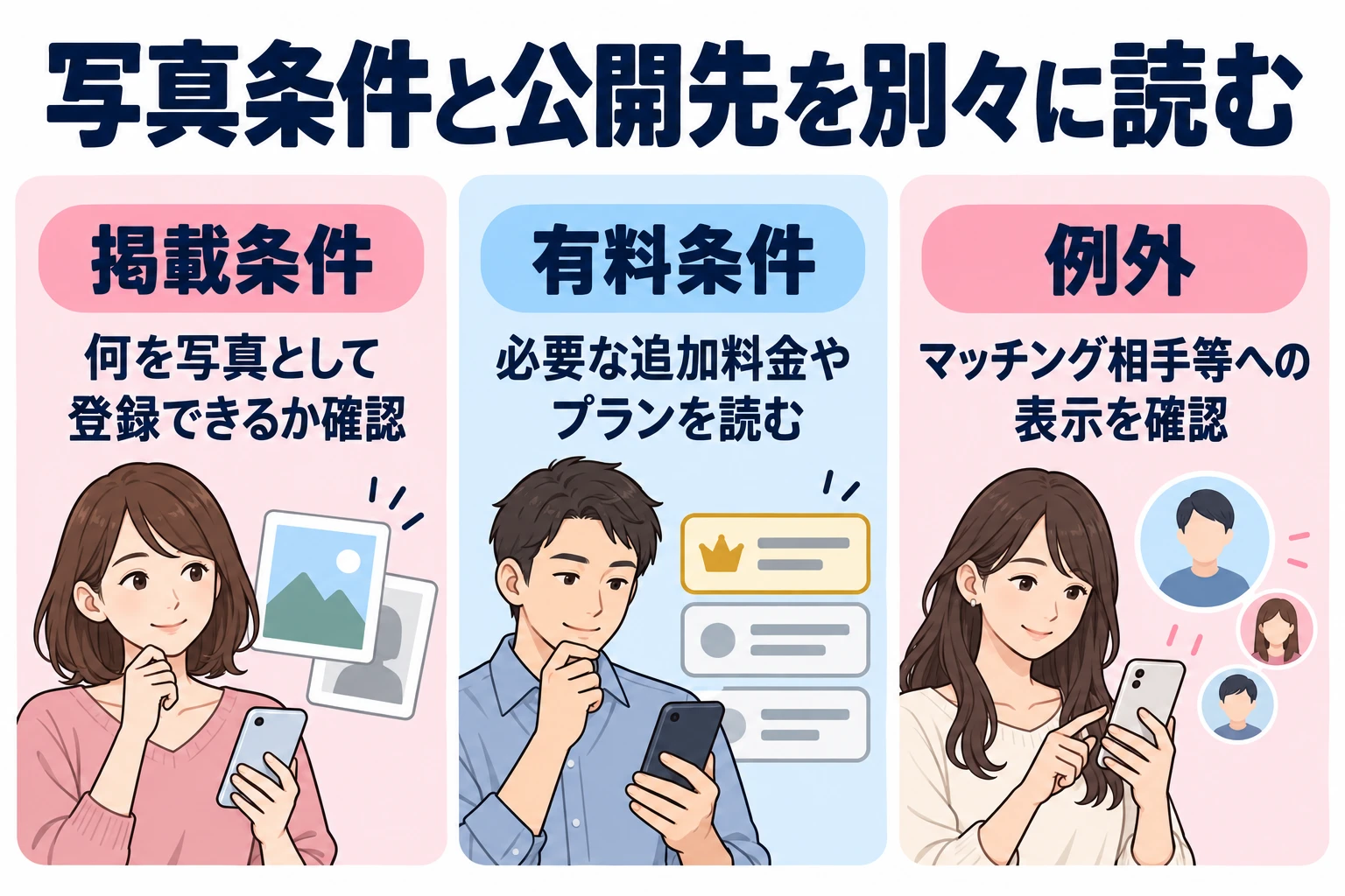 掲載条件：何を写真として登録できるか確認。 有料条件：必要な追加料金やプランを読む。 例外：マッチング相手等への表示を確認。