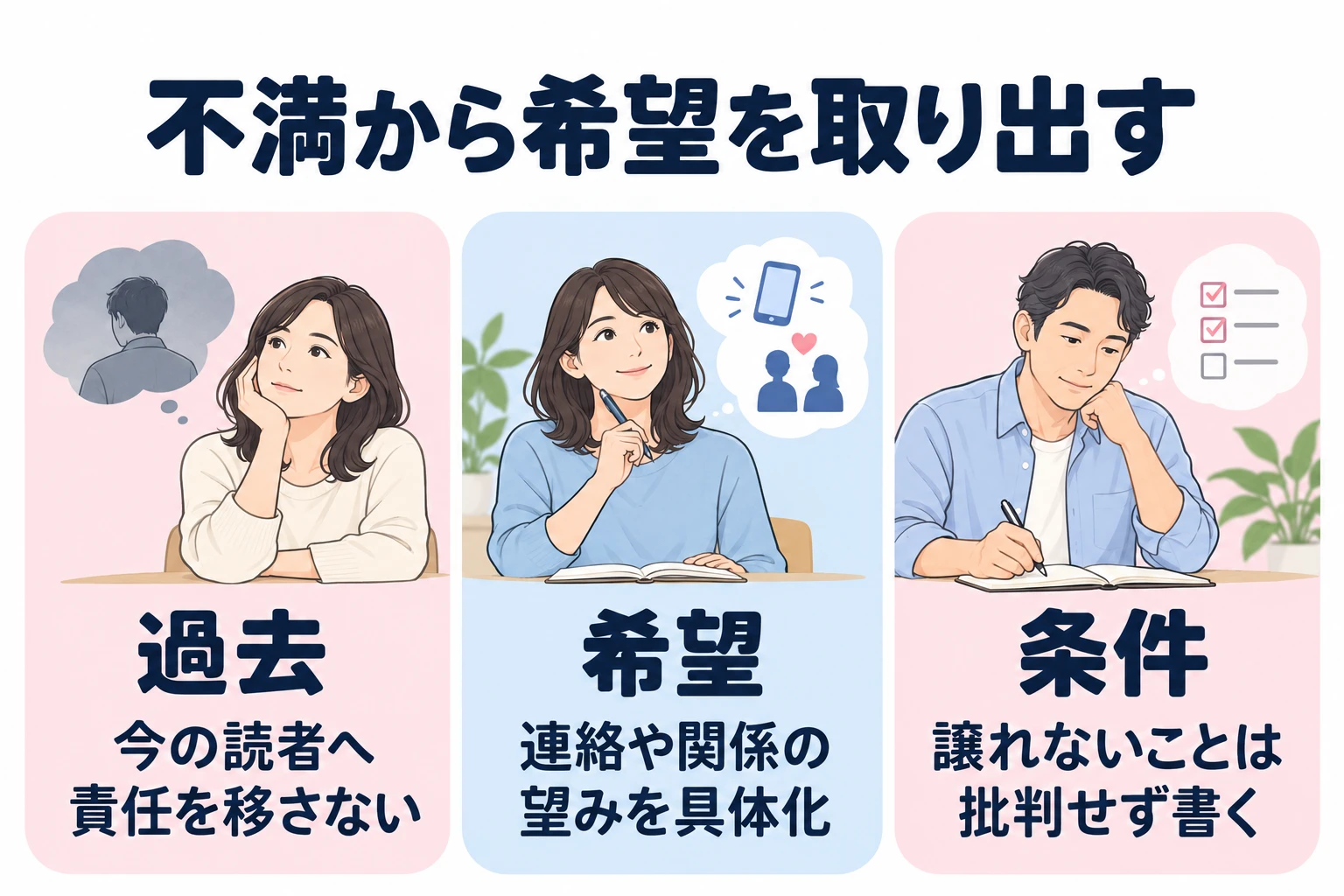 過去：今の読者へ責任を移さない。 希望：連絡や関係の望みを具体化。 条件：譲れないことは批判せず書く。
