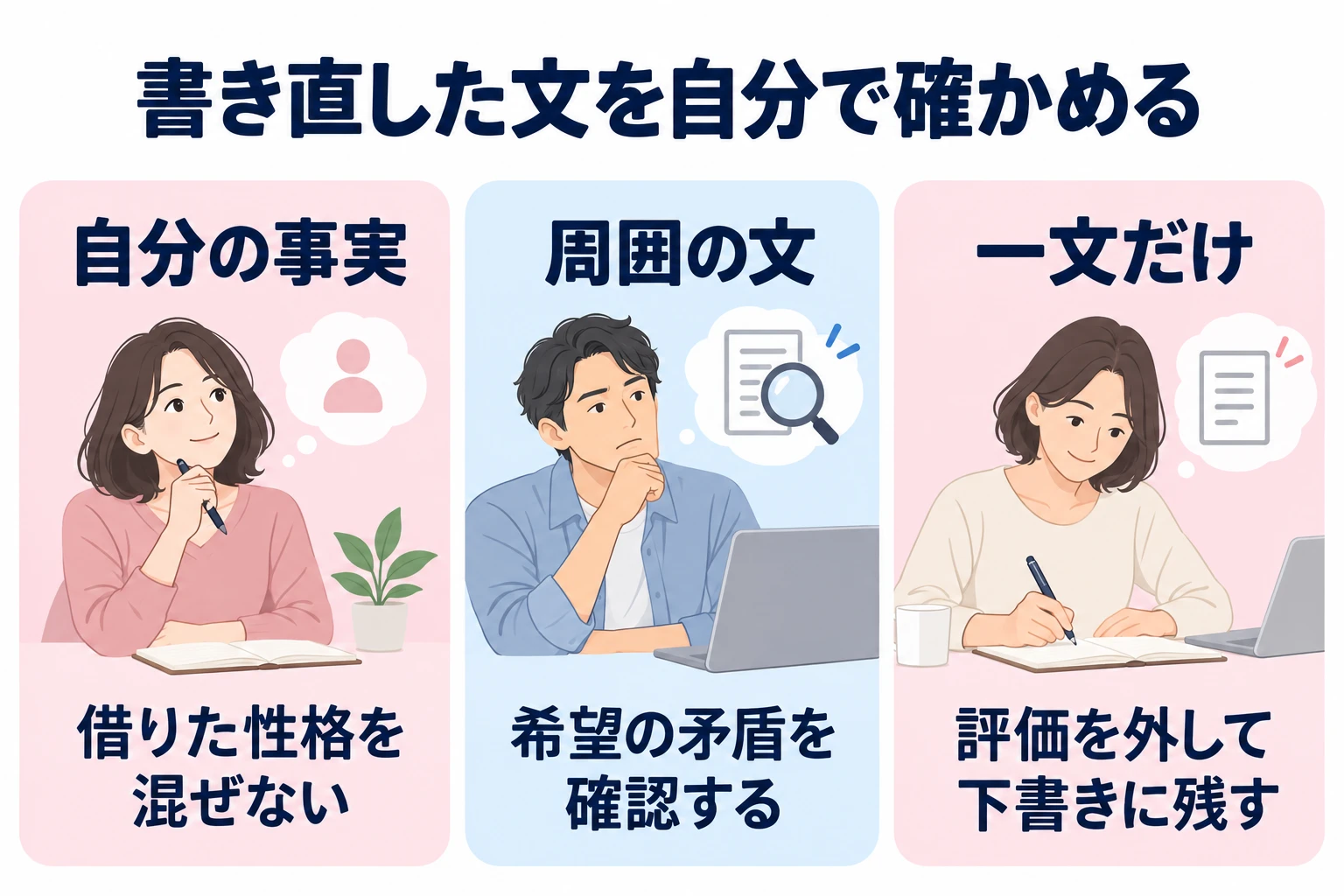 自分の事実：借りた性格を混ぜない。 周囲の文：希望の矛盾を確認する。 一文だけ：評価を外して下書きに残す。