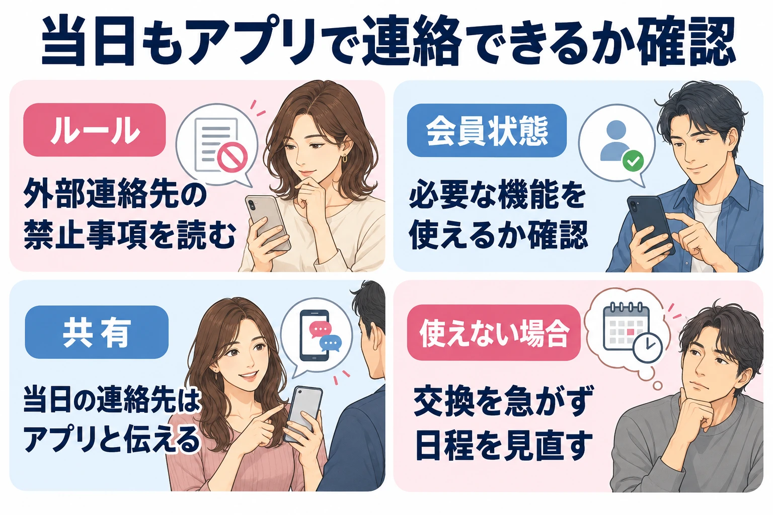 ルール：外部連絡先の禁止事項を読む。 会員状態：必要な機能を使えるか確認。 共有：当日の連絡先はアプリと伝える。