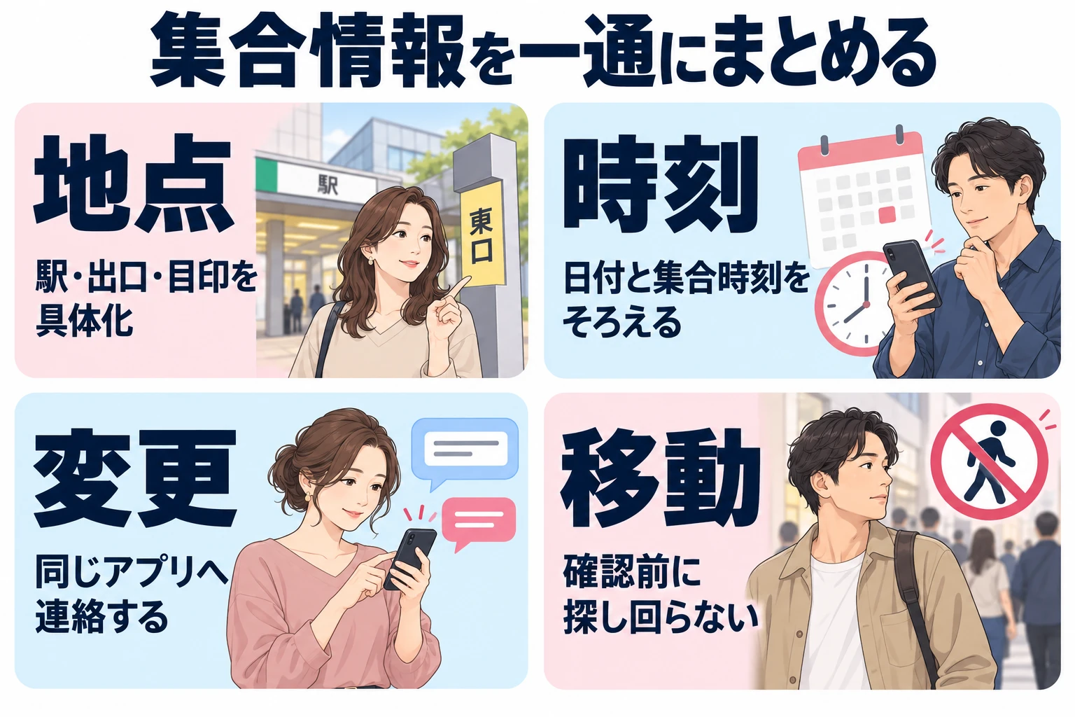 地点：駅・出口・目印を具体化。 時刻：日付と集合時刻をそろえる。 変更：同じアプリへ連絡する。 移動：確認前に探し回らない。