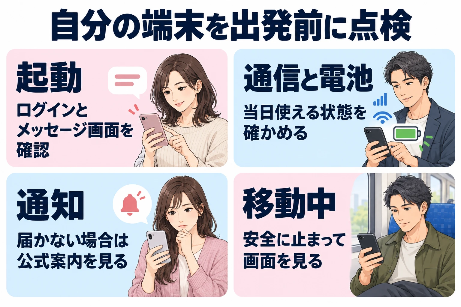 起動：ログインとメッセージ画面を確認。 通信と電池：当日使える状態を確かめる。 通知：届かない場合は公式案内を見る。 移動中：安全に止まって画面を見る。