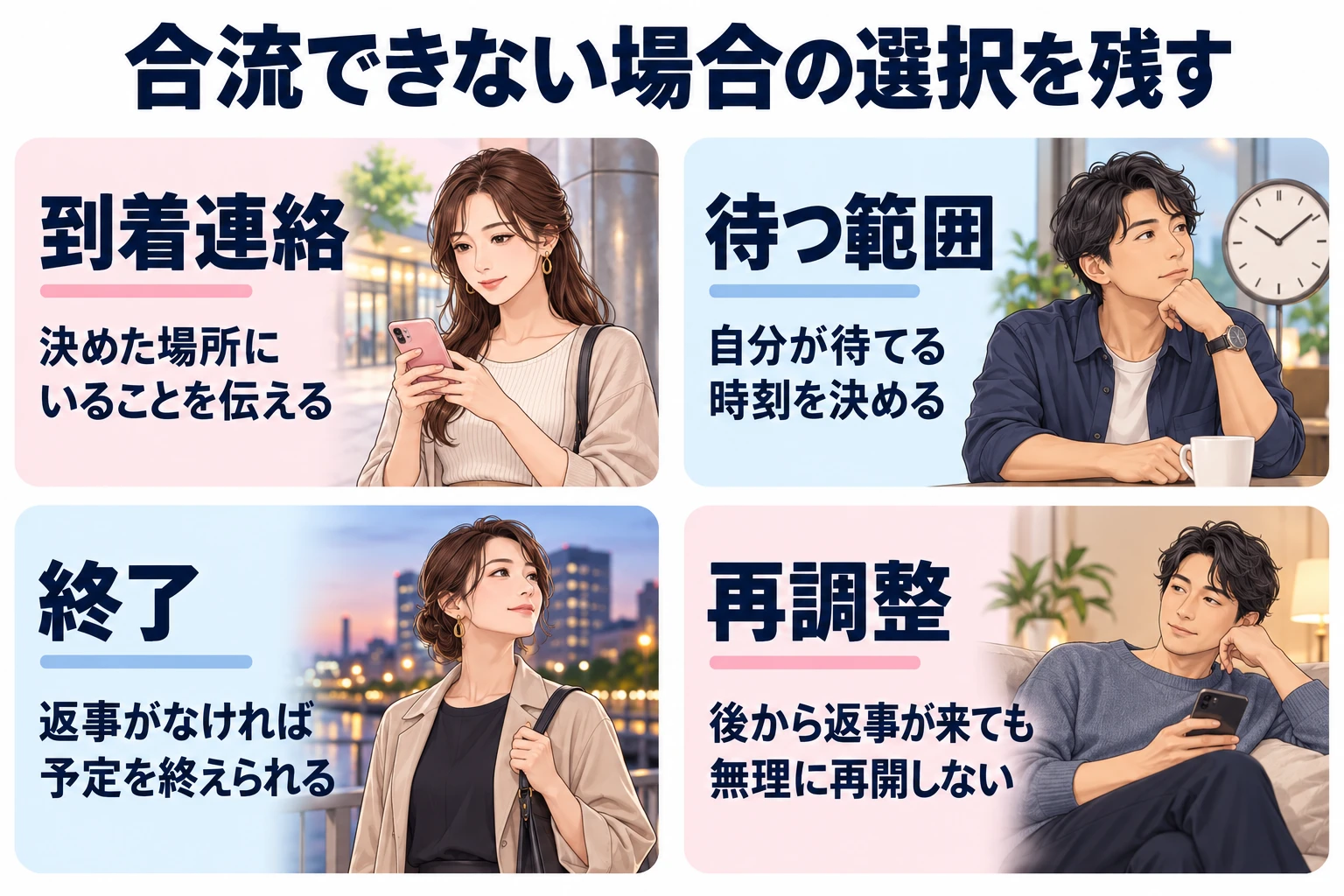 到着連絡：決めた場所にいることを伝える。 待つ範囲：自分が待てる時刻を決める。 終了：返事がなければ予定を終えられる。 再調整：後から返事が来ても無理に再開しない。