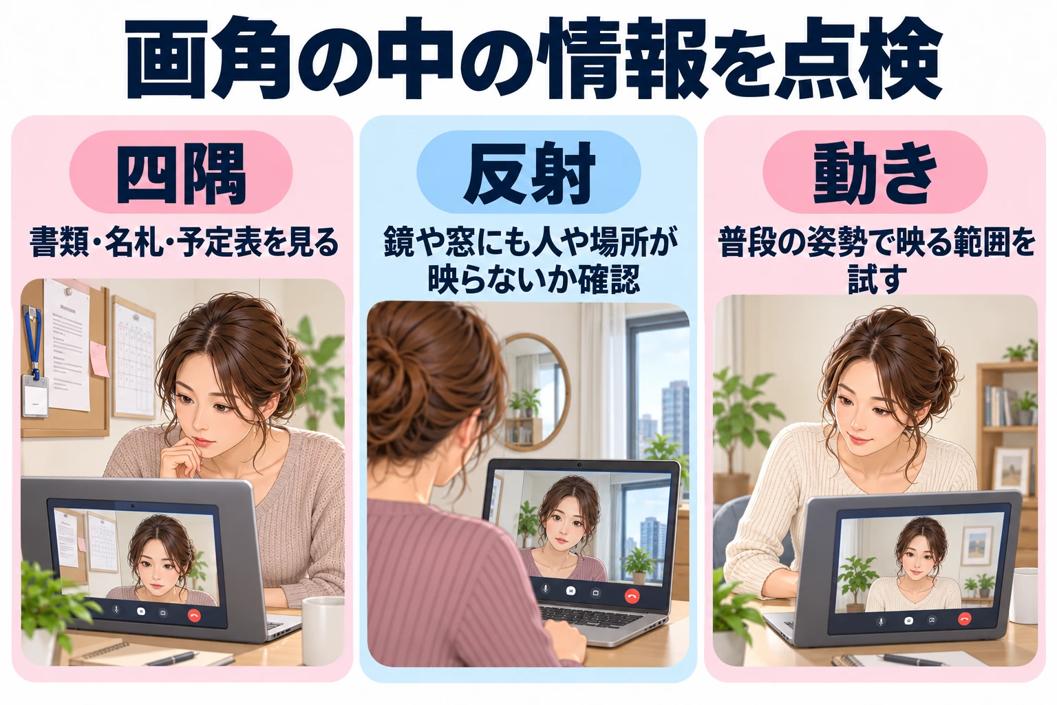 四隅：書類・名札・予定表を見る。 反射：鏡や窓にも人や場所が映らないか確認。 動き：普段の姿勢で映る範囲を試す。