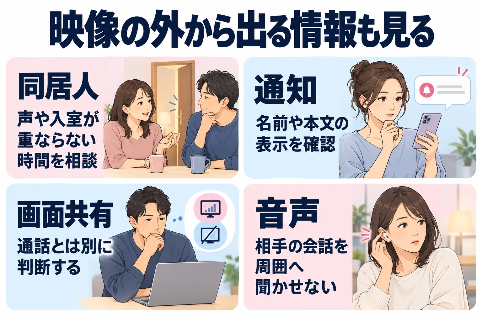 同居人：声や入室が重ならない時間を相談。 通知：名前や本文の表示を確認。 画面共有：通話とは別に判断する。 音声：相手の会話を周囲へ聞かせない。