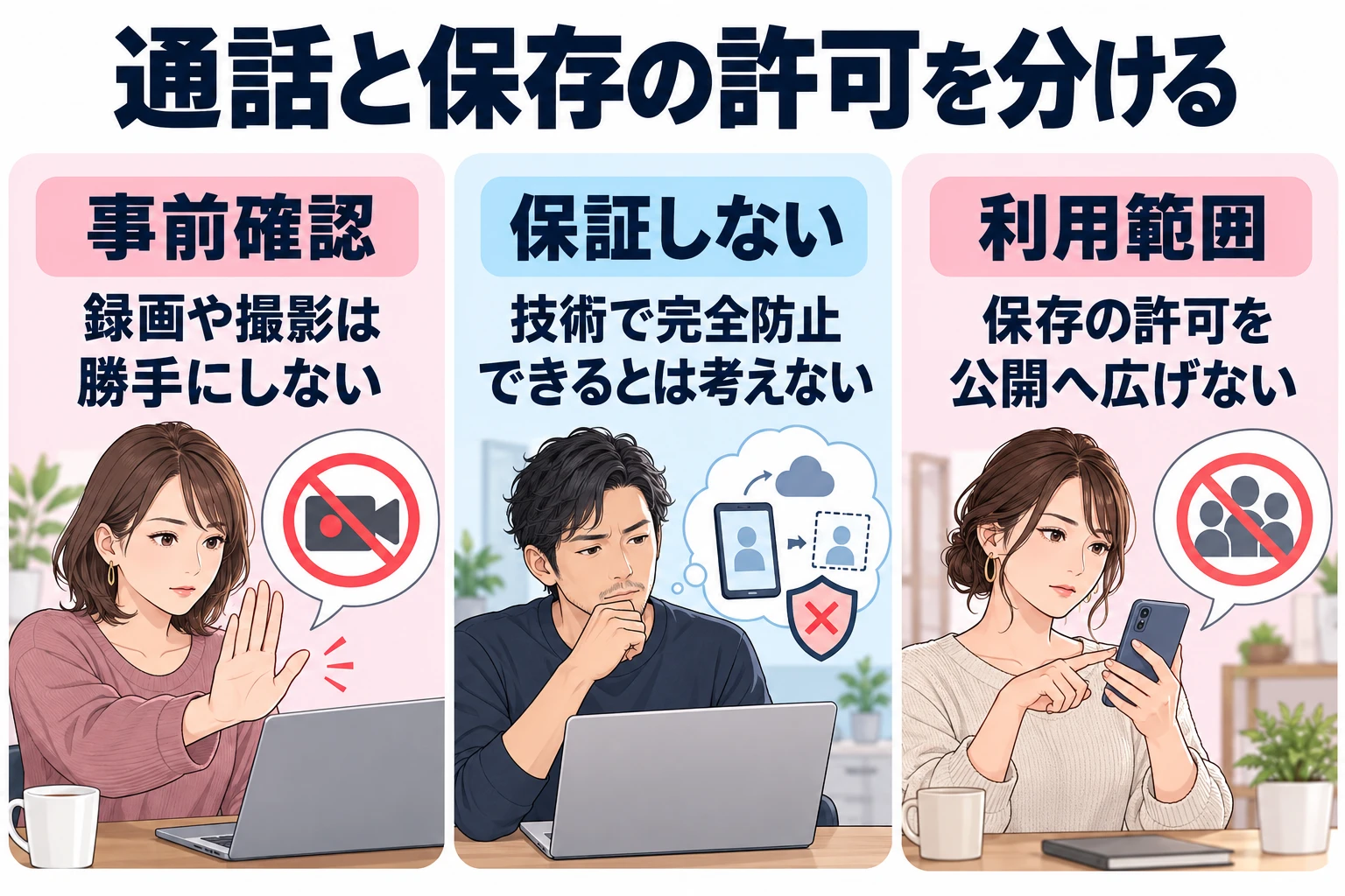 事前確認：録画や撮影は勝手にしない。 保証しない：技術で完全防止できるとは考えない。 利用範囲：保存の許可を公開へ広げない。