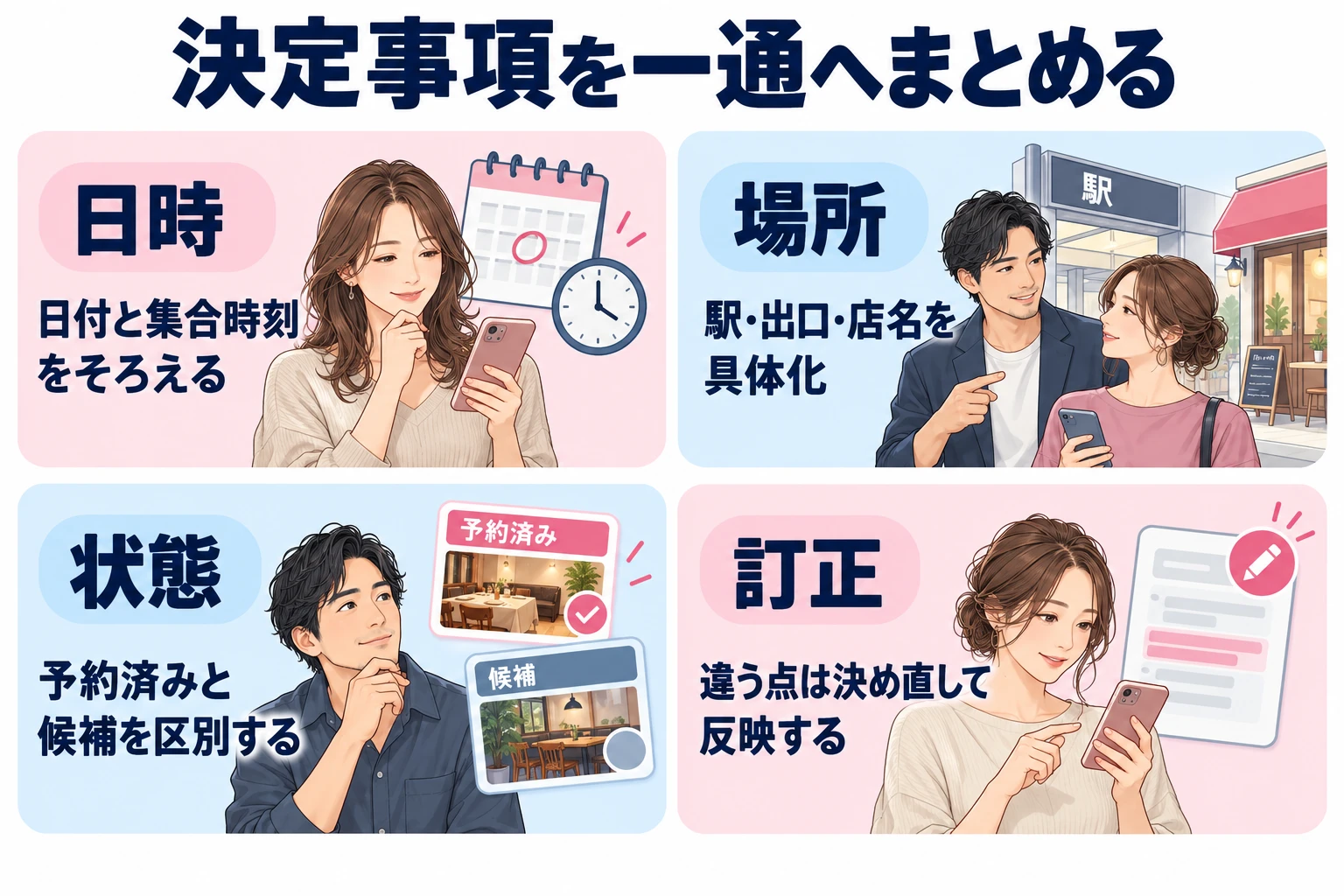 日時：日付と集合時刻をそろえる。 場所：駅・出口・店名を具体化。 状態：予約済みと候補を区別する。 訂正：違う点は決め直して反映する。