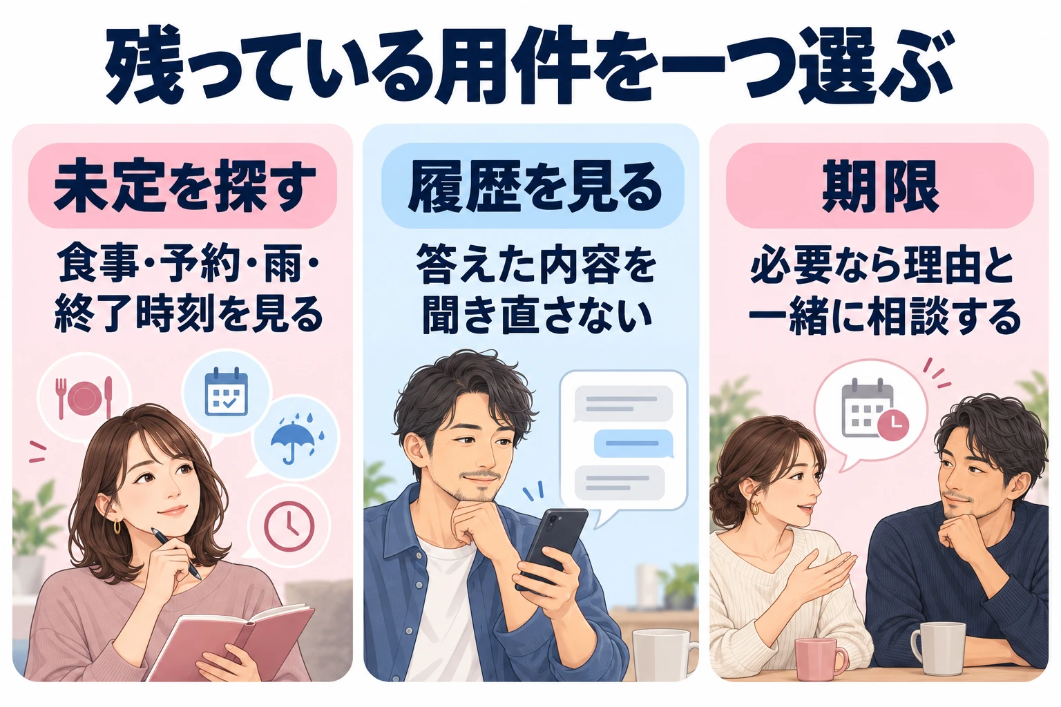 未定を探す：食事・予約・雨・終了時刻を見る。 履歴を見る：答えた内容を聞き直さない。 期限：必要なら理由と一緒に相談する。