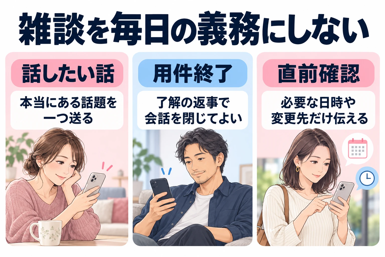 話したい話：本当にある話題を一つ送る。 用件終了：了解の返事で会話を閉じてよい。 直前確認：必要な日時や変更先だけ伝える。