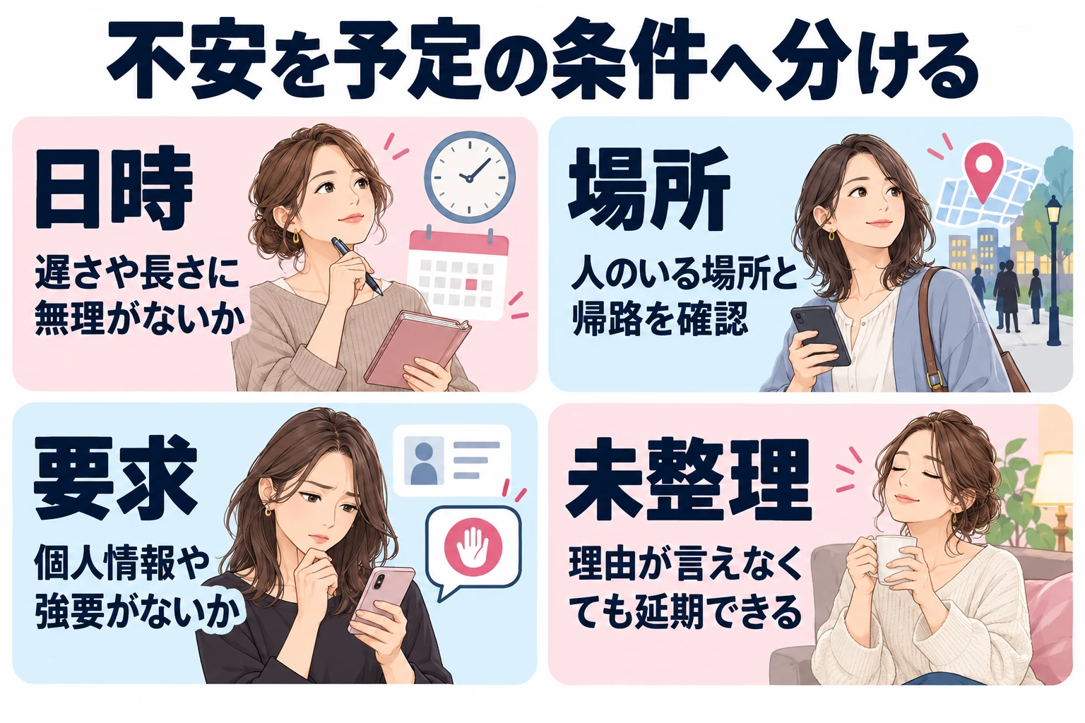 日時:遅さや長さに無理がないか。 場所:人のいる場所と帰路を確認。 要求:個人情報や強要がないか。 未整理:理由が言えなくても延期できる。