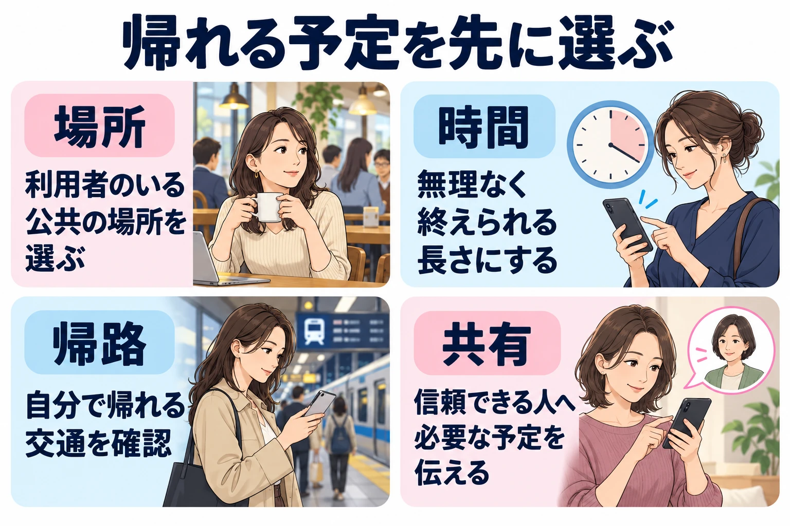 場所:利用者のいる公共の場所を選ぶ。 時間:無理なく終えられる長さにする。 帰路:自分で帰れる交通を確認。 共有:信頼できる人へ必要な予定を伝える。
