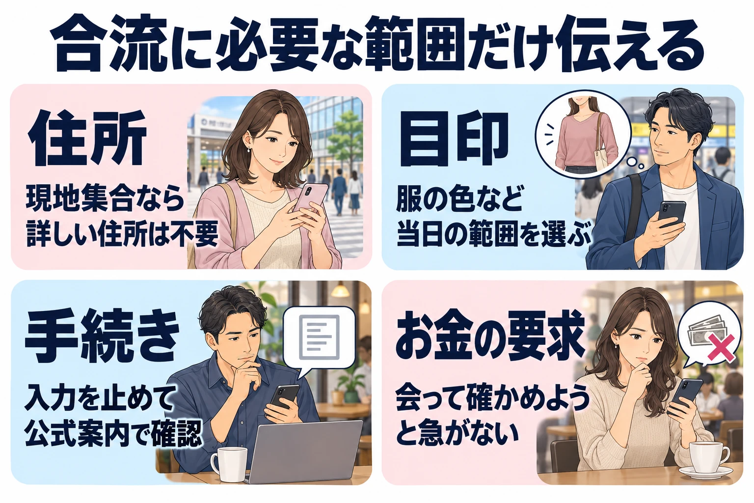 住所:現地集合なら詳しい住所は不要。 目印:服の色など当日の範囲を選ぶ。 手続き:送られたリンクへ情報を入れない。