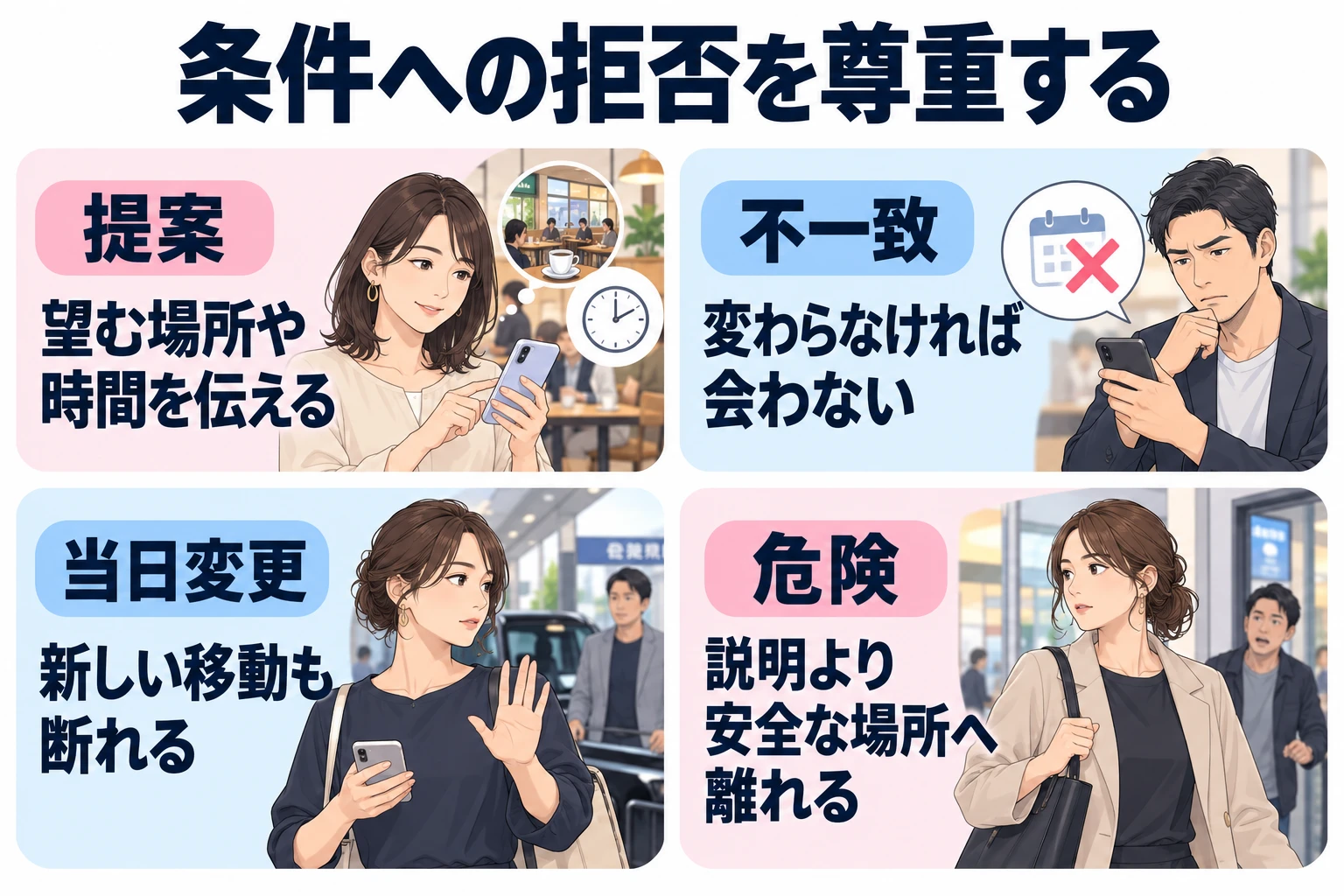提案:望む場所や時間を伝える。 不一致:変わらなければ会わない。 当日変更:新しい移動も断れる。 危険:説明より安全な場所へ離れる。