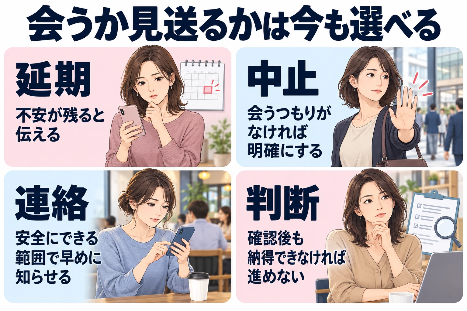 延期:不安が残ると伝える。 中止:会うつもりがなければ明確にする。 連絡:安全にできる範囲で早めに知らせる。 判断:確認後も納得できなければ進めない。
