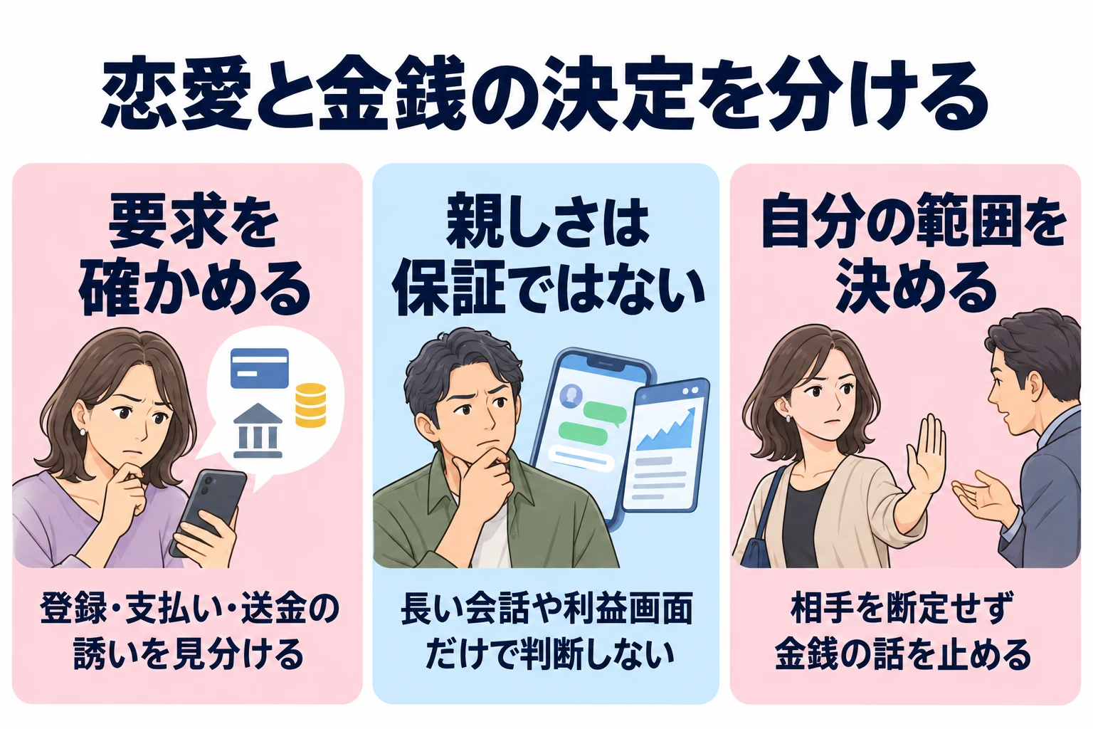 話の変化：登録や送金の要求がないか見る。 親しさ：長いやり取りを保証にしない。 判断の範囲：相手を断定せず自分の行動を止める。