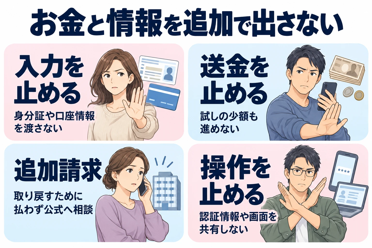 入力を止める：身分証や口座情報を渡さない。 送金を止める：試しの少額も進めない。 追加請求：取り戻すための支払いを急がない。 操作を止める：認証情報や画面を共有しない。