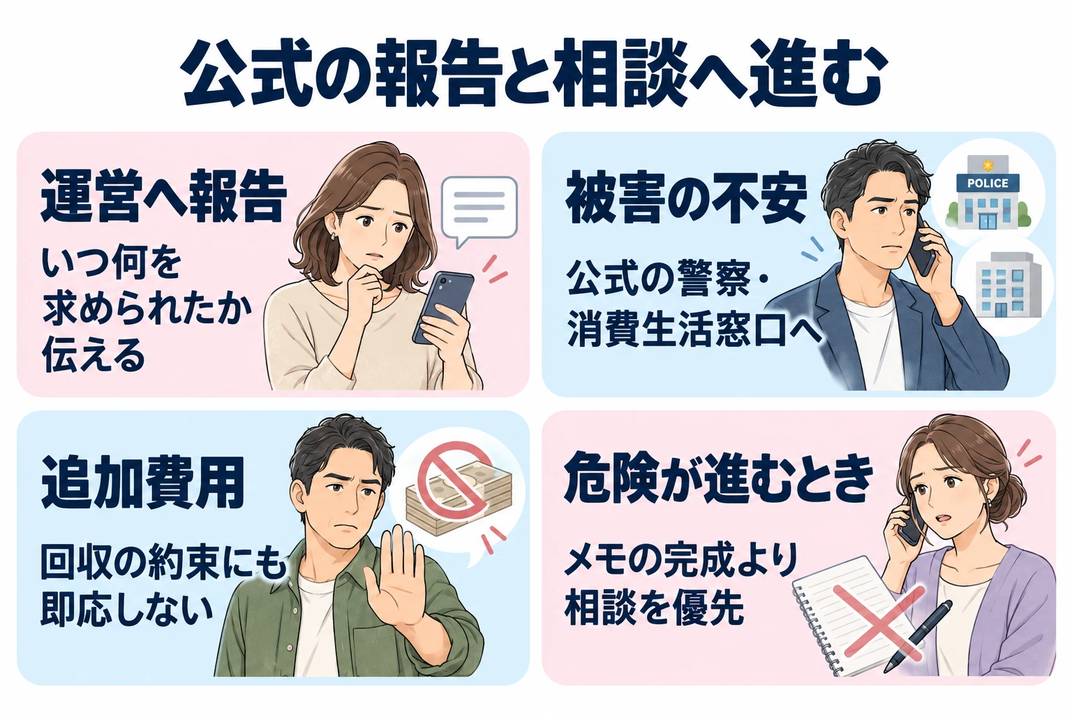 運営：勧誘の具体的な内容を報告。 被害の不安：警察や消費生活の窓口を確認。 追加の支払い：回収の約束にも即応しない。 一歩：経緯を整理して相談につなぐ。