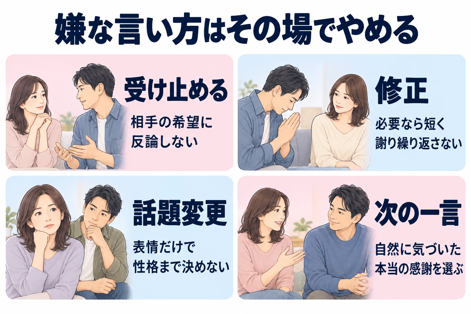 受け止める:相手の希望に反論しない。 修正:必要なら短く謝り繰り返さない。 話題変更:評価を追加せず会話へ戻る。 準備:本当の感謝を一文だけ考える。