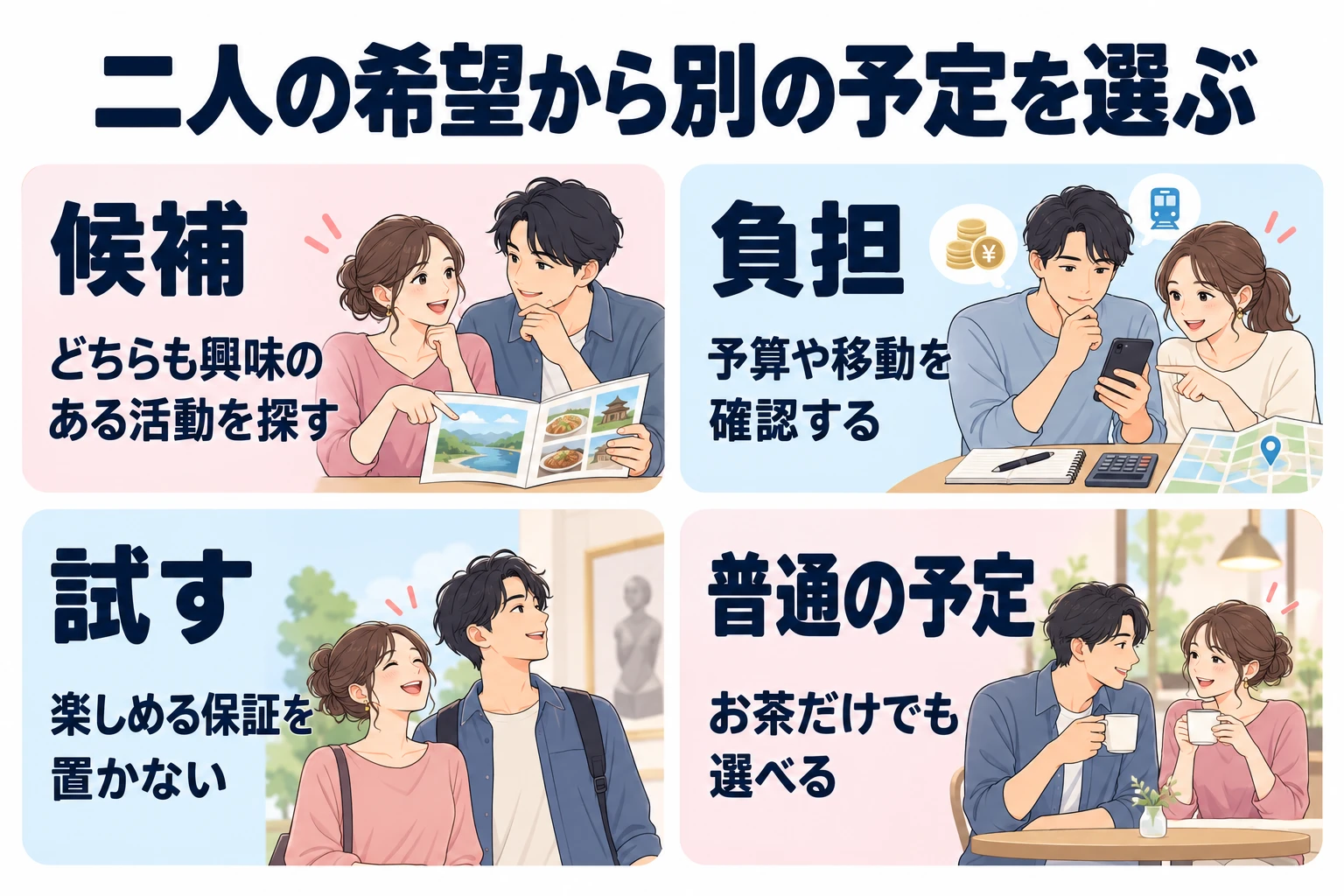 候補:どちらも興味のある活動を探す。 負担:予算や移動を確認する。 試す:楽しめる保証を置かない。 普通の予定:お茶だけでも選べる。