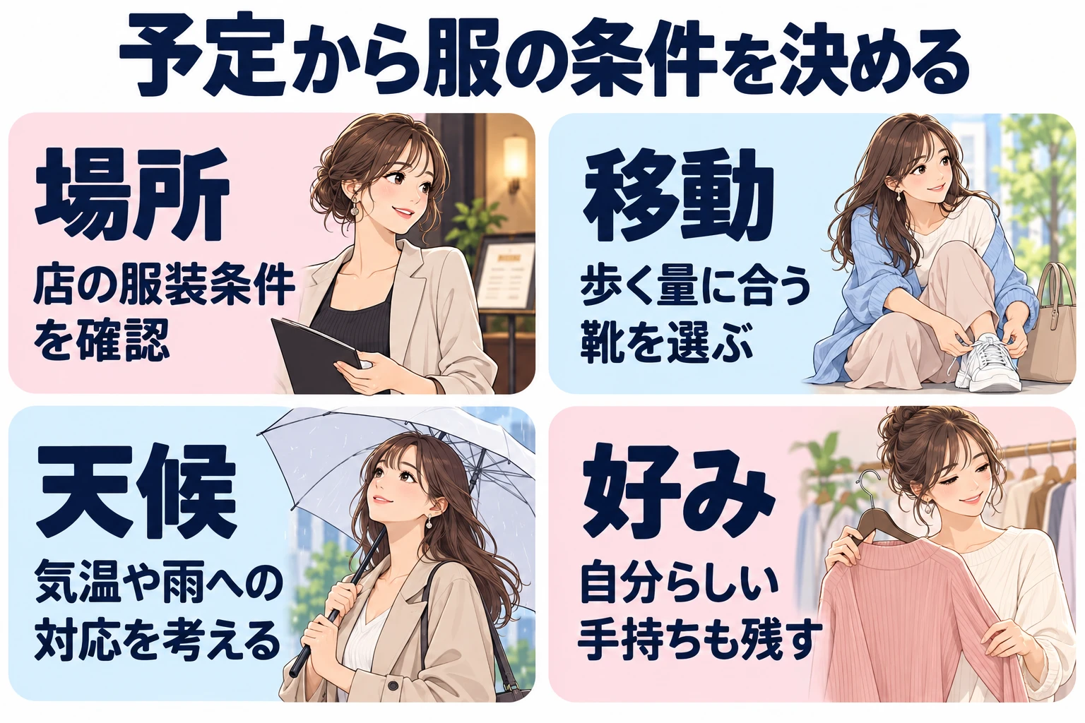 場所：店の服装条件を確認。 移動：歩く量に合う靴を考える。 天候：気温や雨への対応を選ぶ。 好み：手持ちの自分らしい服も残す。