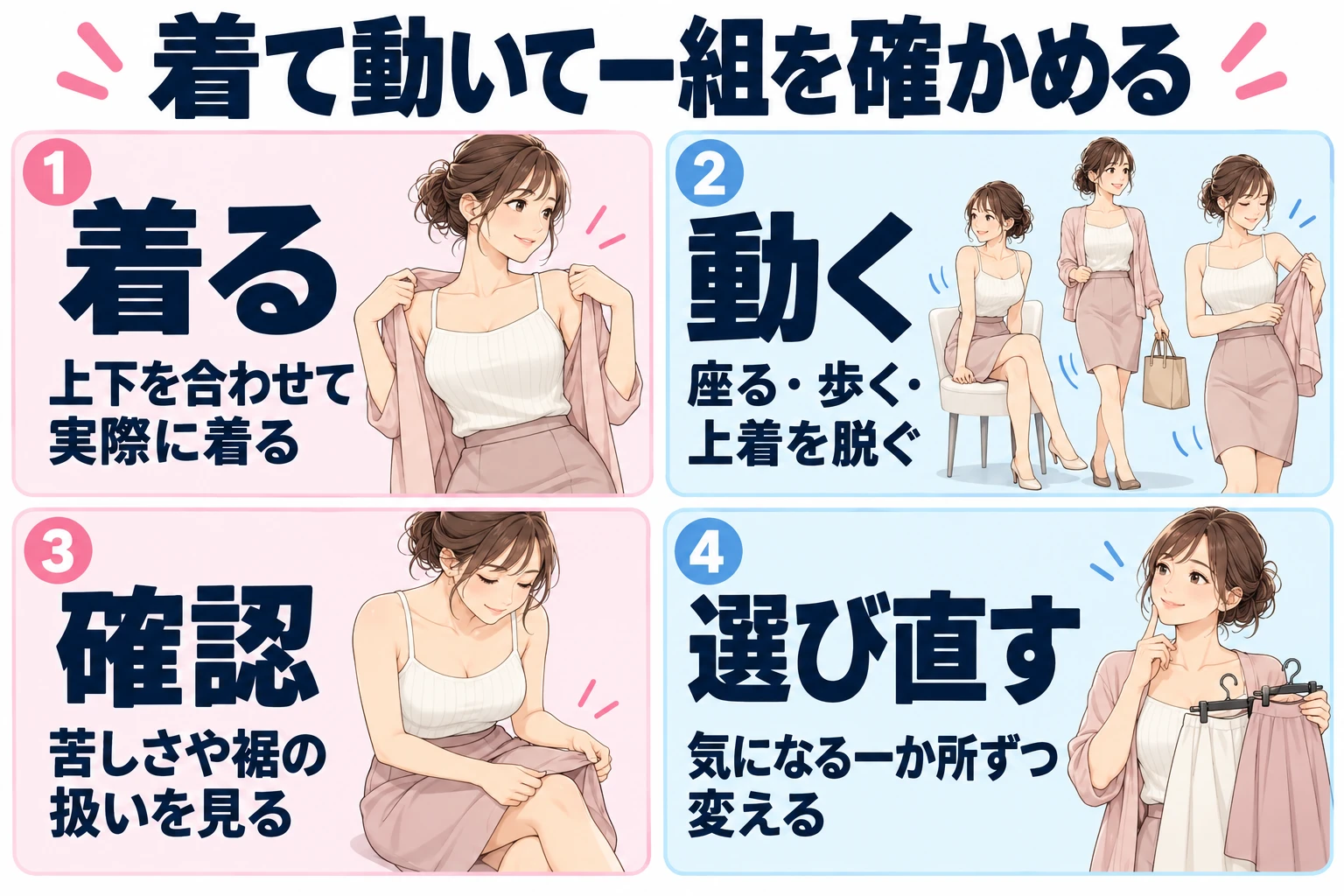 着用：上下を合わせて実際に着る。 動作：座る・歩く・上着を脱ぐ。 違和感：苦しさや裾の扱いを確認。 比較：普段の組合せから一か所ずつ変える。