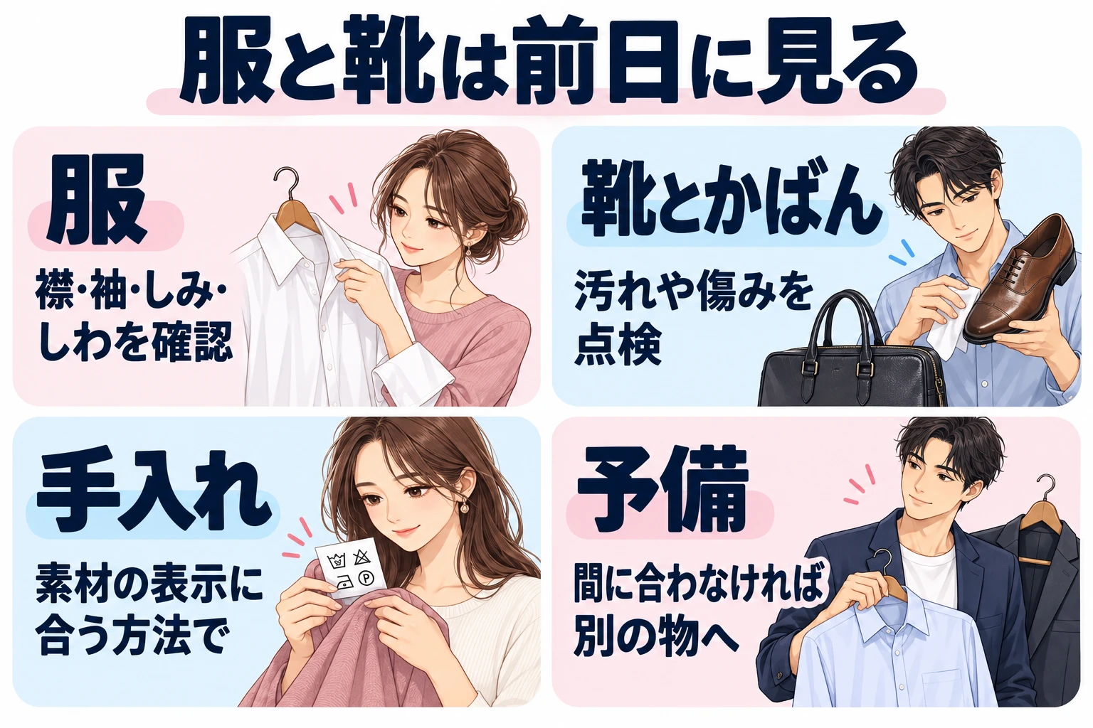 服：襟・袖・しみ・しわを確認。 靴：汚れや傷み、靴ひもを見る。 手入れ：素材の表示に合う方法を選ぶ。 予備：間に合わなければ別の物へ替える。