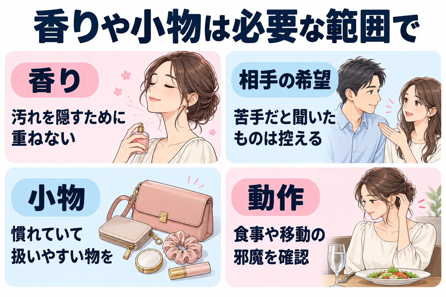 香り：汚れを隠すために重ねない。 相手の希望：苦手と聞いたものは考慮する。 小物：慣れていて扱いやすい物を選ぶ。 動作：食事や移動で邪魔にならないか見る。