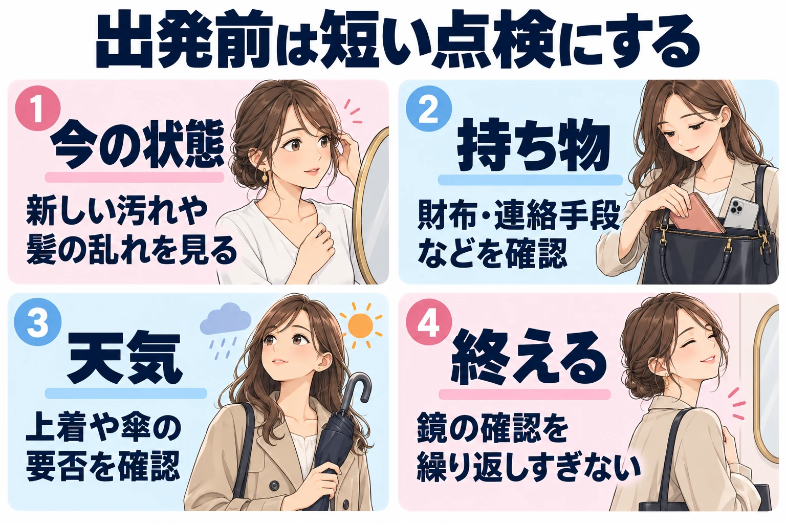 現在の状態：新しい汚れや髪の乱れを見る。 持ち物：財布・連絡手段などを確認。 天気：上着や傘の要否を確認。 終える：鏡の確認を繰り返しすぎない。
