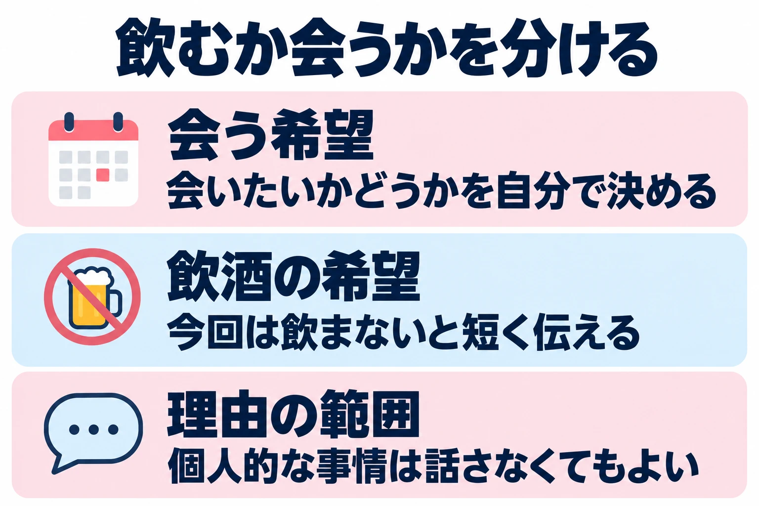 会いたいかどうかを自分で決める。今回は飲まないと短く伝える。個人的な事情は話さなくてもよい。