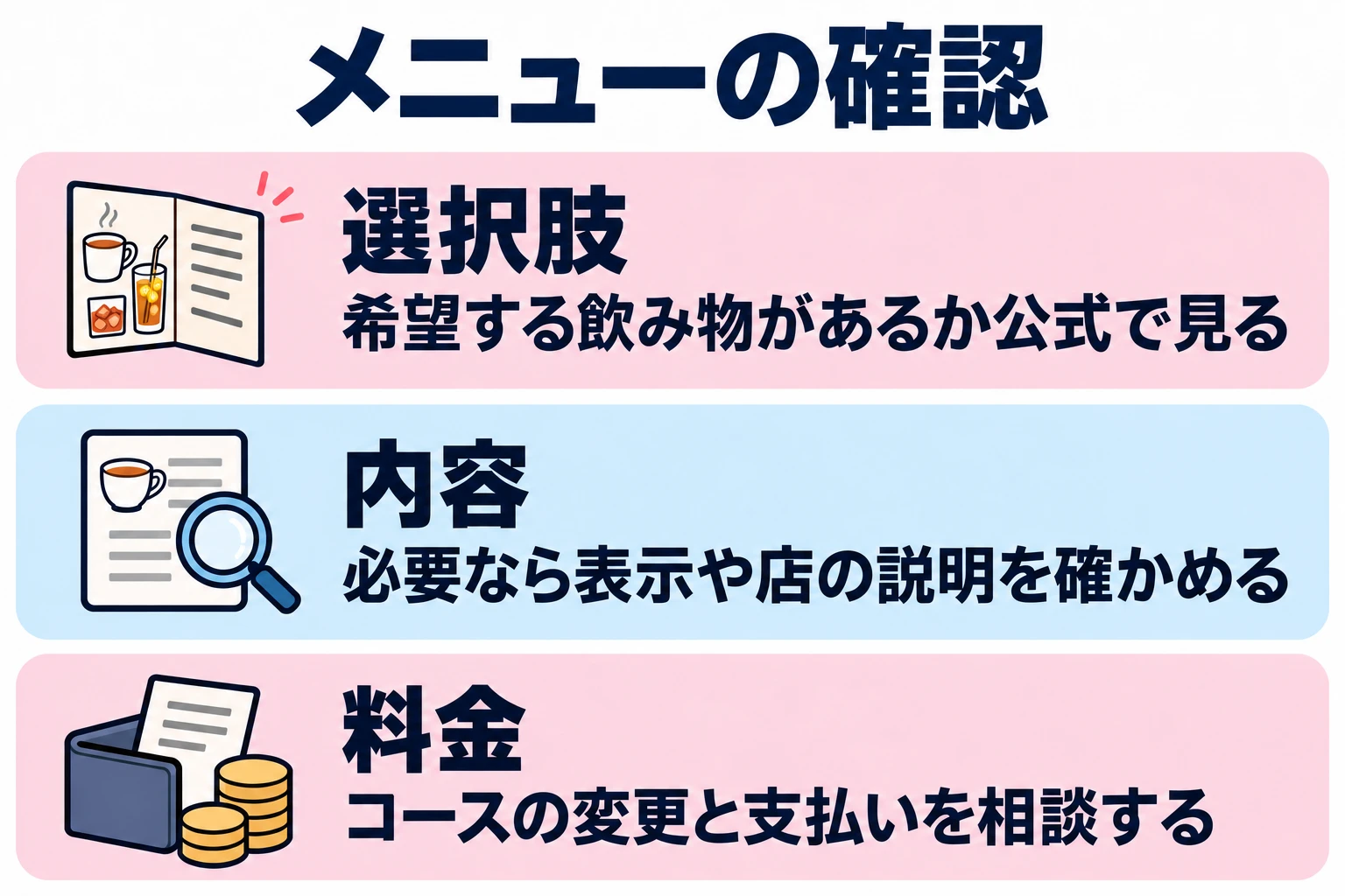 希望する飲み物があるか公式で見る。必要なら表示や店の説明を確かめる。コースの変更と支払いを相談する。
