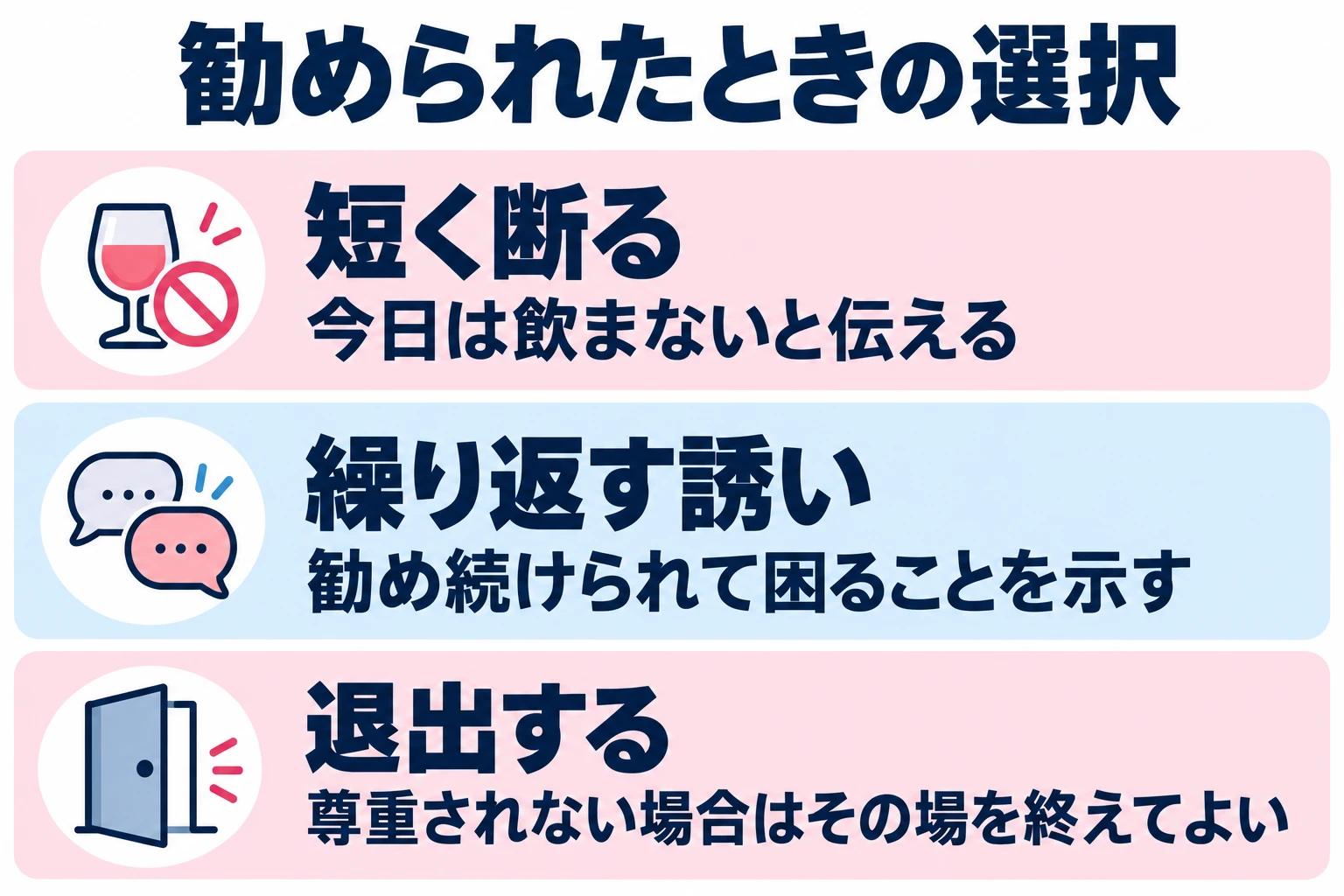 今日は飲まないと伝える。勧め続けられて困ることを示す。尊重されない場合はその場を終えてよい。