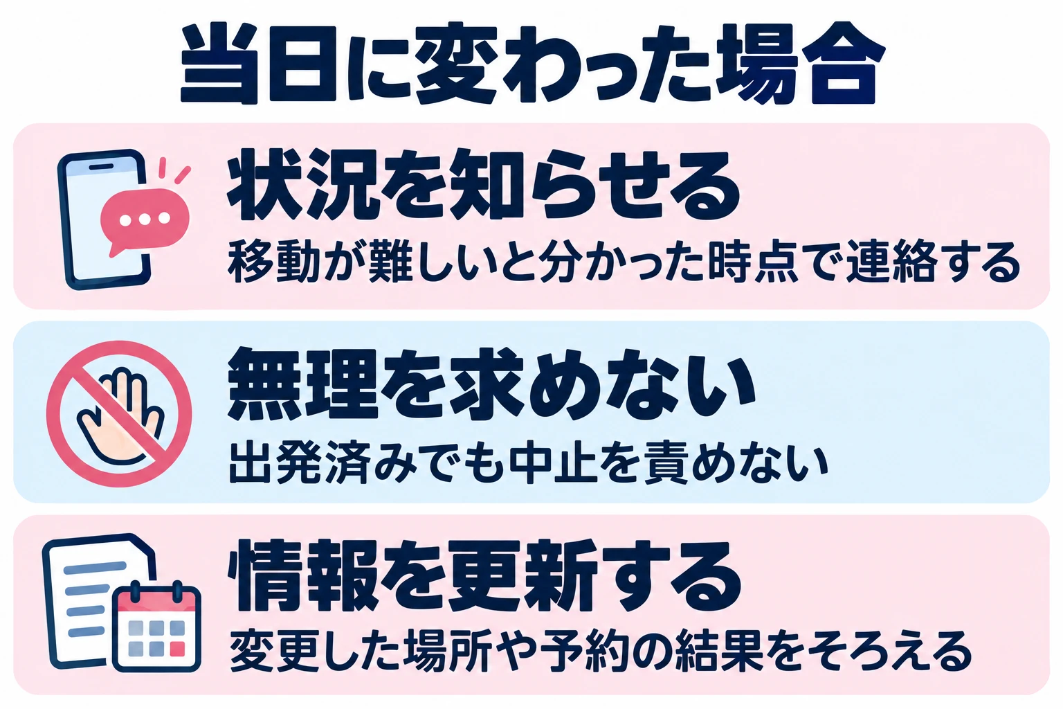 移動が難しいと分かった時点で連絡する。出発済みでも中止を責めない。変更した場所や予約の結果をそろえる。